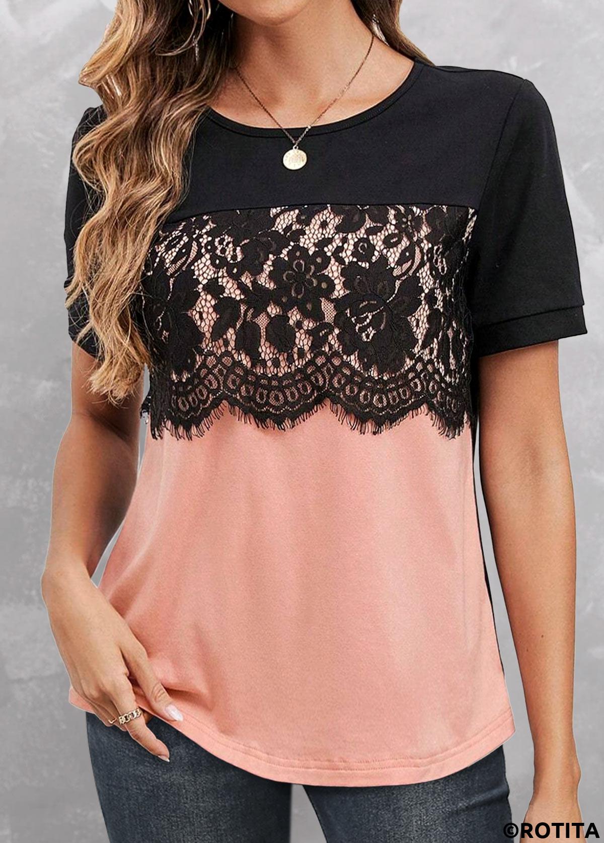 Dusty Pink tops,Black tops,Contrast Color tops,ROTITA Lace Dusty Pink Round Neck T Shirt