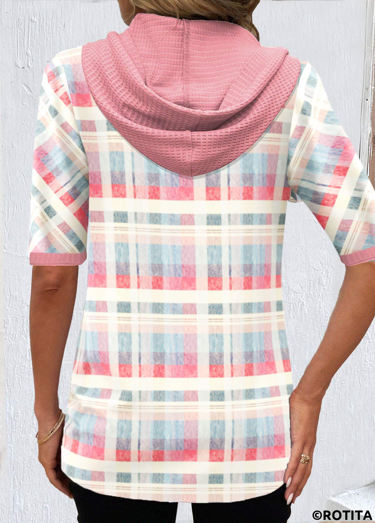 Light Pink tops,Rainbow Color tops,Plaid tops,Striped tops,Geometric tops,ROTITA Button Plaid Light Pink Hooded T Shirt
