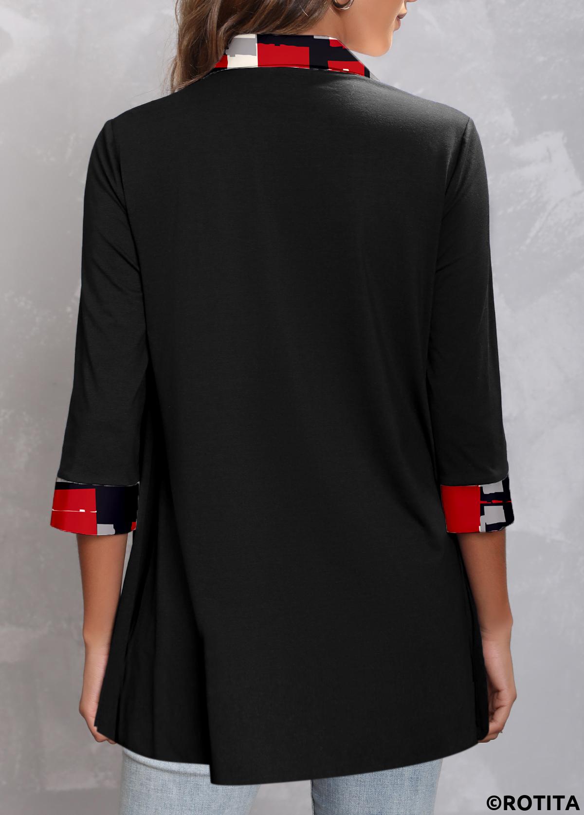 Black tops,Geometric tops,Striped tops,ROTITA Fake 2in1 Geometric Print Black Shirt Collar Blouse