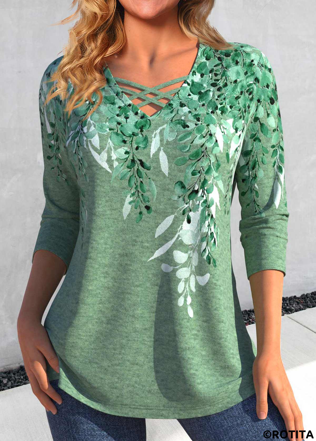 Green tops,Plants tops,ROTITA Criss Cross Plants Print Green T Shirt