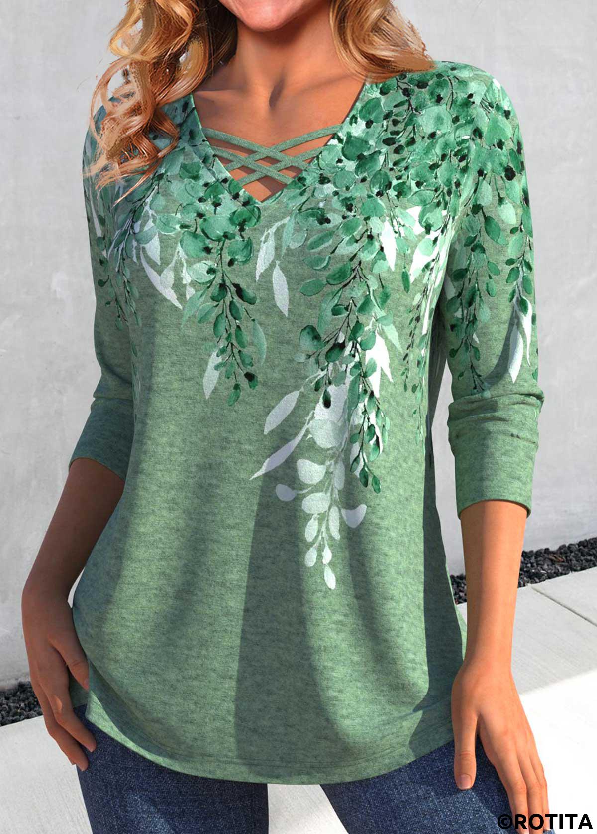 Green tops,Plants tops,ROTITA Criss Cross Plants Print Green T Shirt