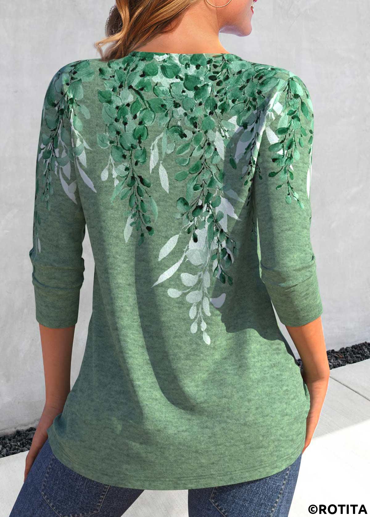 Green tops,Plants tops,ROTITA Criss Cross Plants Print Green T Shirt