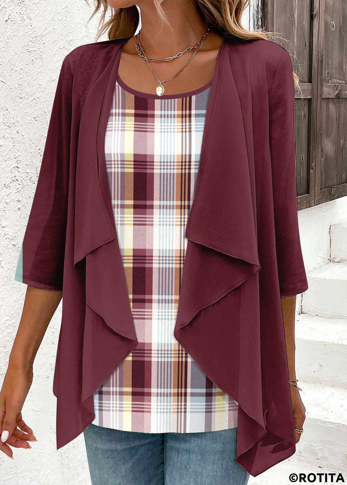 Deep Red tops,Plaid tops,Striped tops,Geometric tops,ROTITA Fake 2in1 Plaid Deep Red Scoop Neck Blouse