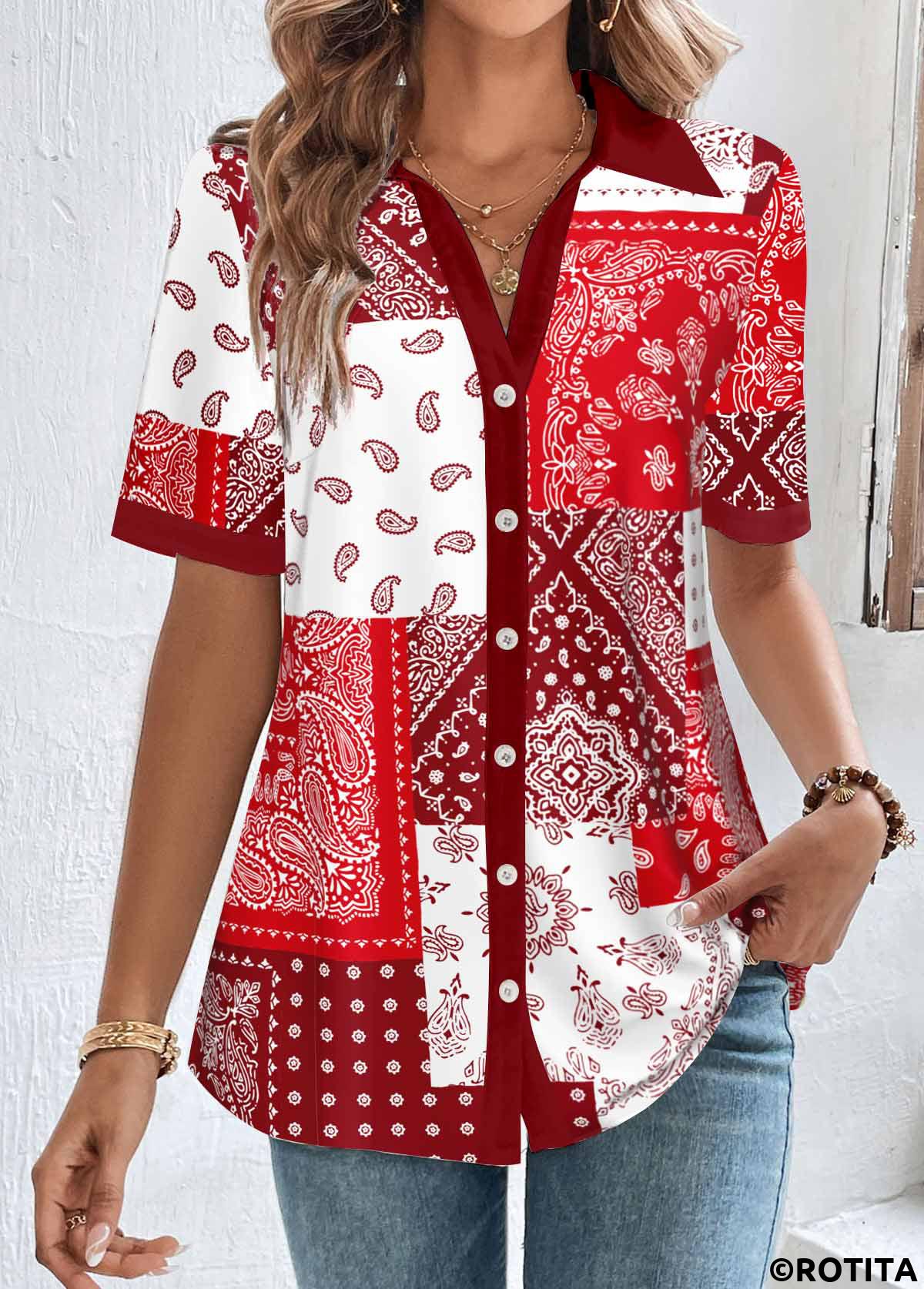 Red tops,Tribal tops,ROTITA Patchwork Red Shirt Collar Short Sleeve Blouse