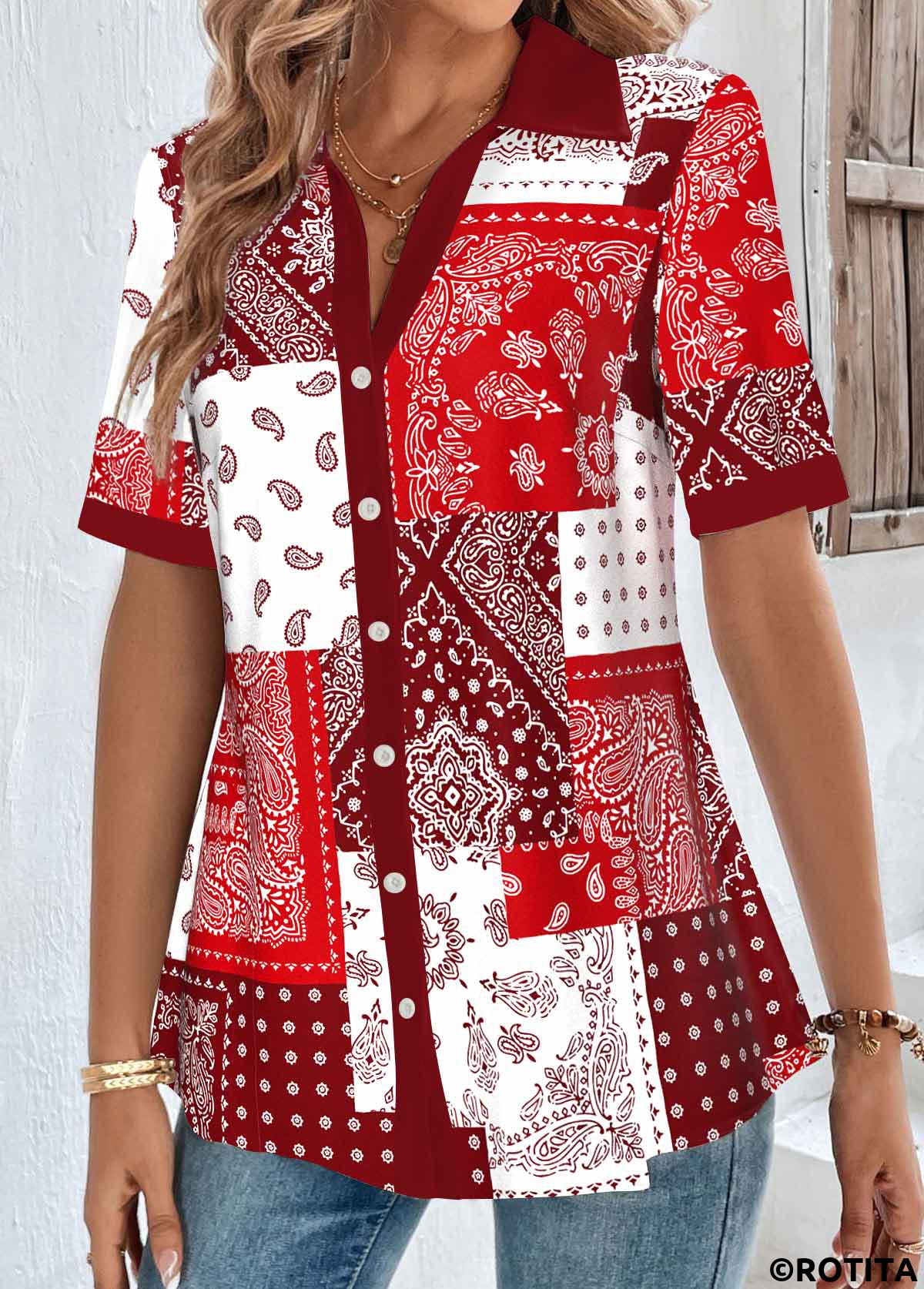 Red tops,Tribal tops,ROTITA Patchwork Red Shirt Collar Short Sleeve Blouse