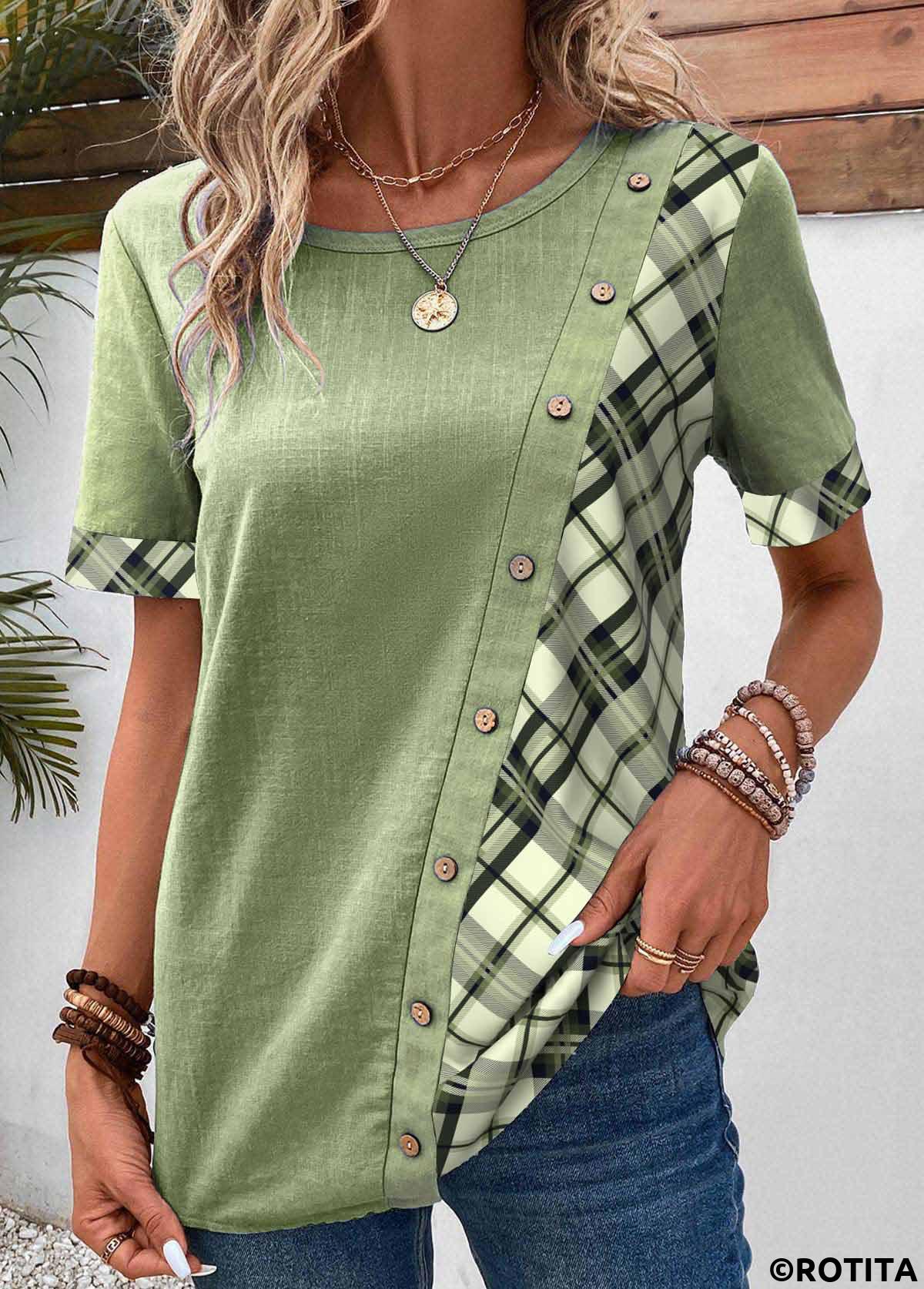 Sage Green tops,Plaid tops,ROTITA Asymmetry Plaid Sage Green Scoop Neck Blouse