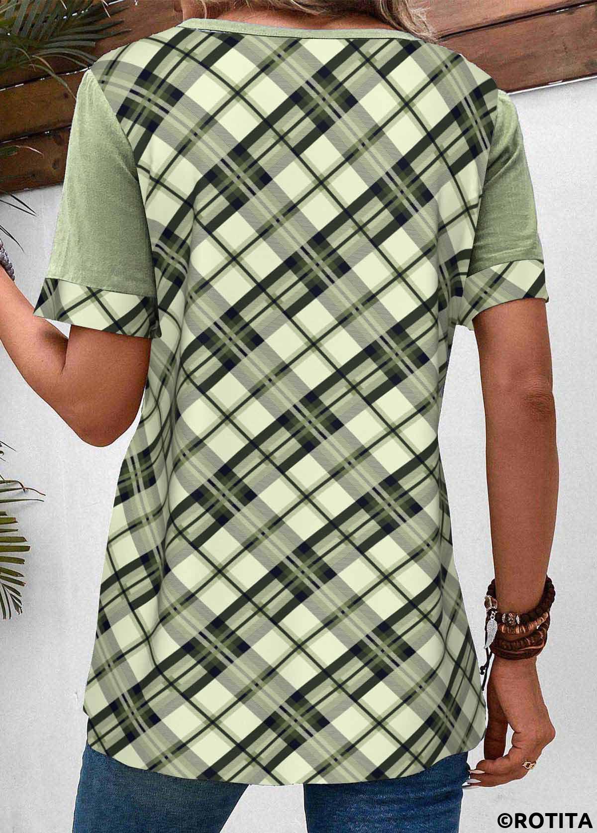 Sage Green tops,Plaid tops,ROTITA Asymmetry Plaid Sage Green Scoop Neck Blouse