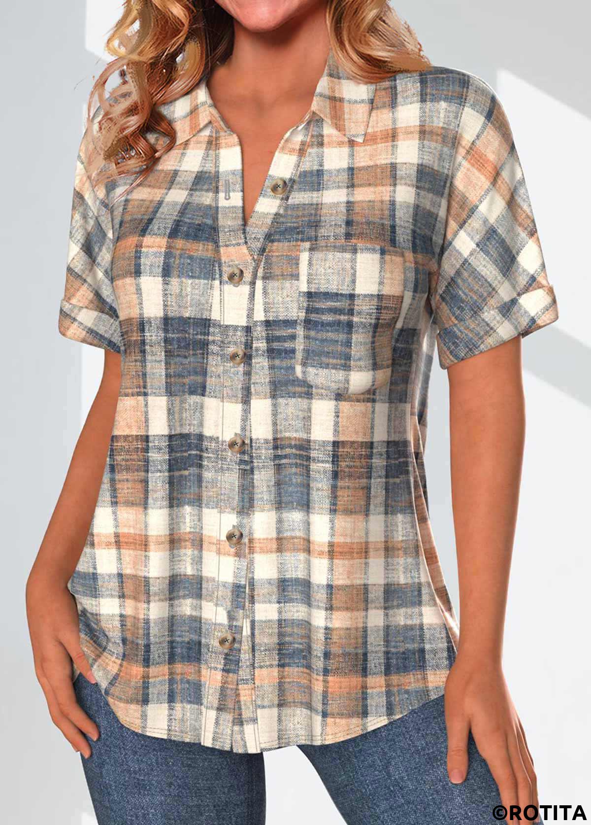 Multi Color tops,Plaid tops,Geometric tops,Striped tops,ROTITA Button Plaid Multi Color Shirt Collar Blouse