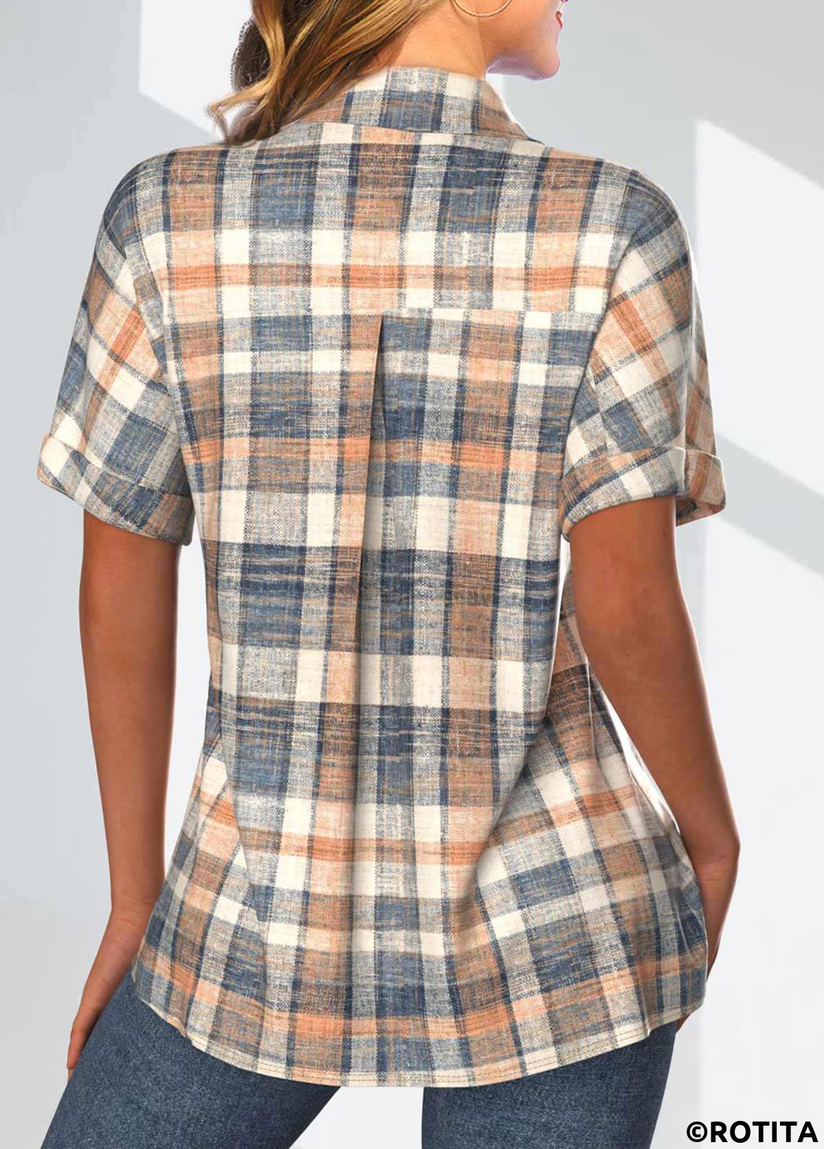 Multi Color tops,Plaid tops,Geometric tops,Striped tops,ROTITA Button Plaid Multi Color Shirt Collar Blouse