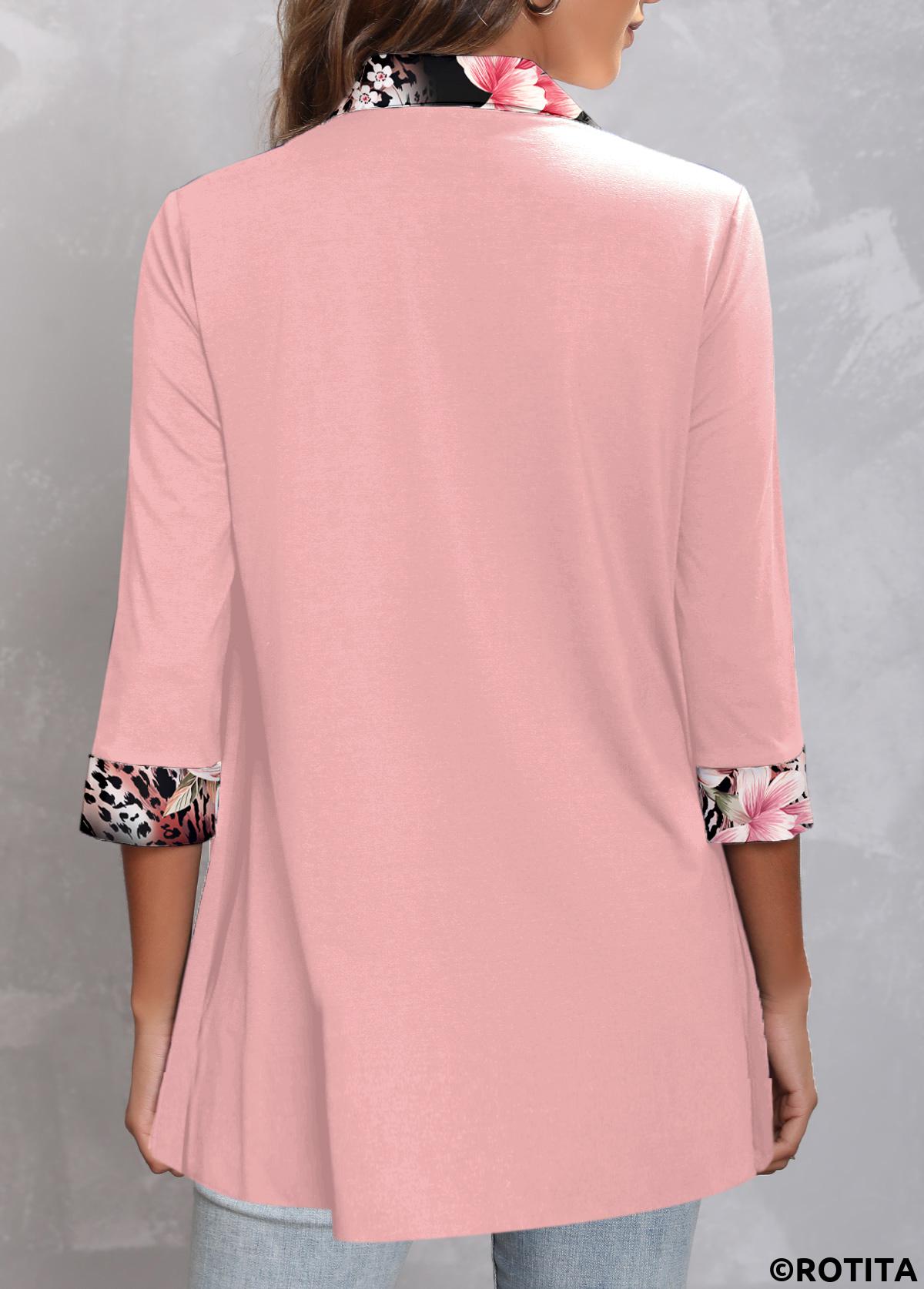 Light Pink tops,Floral tops,Leopard tops,ROTITA Fake 2in1 Floral Print Light Pink Blouse
