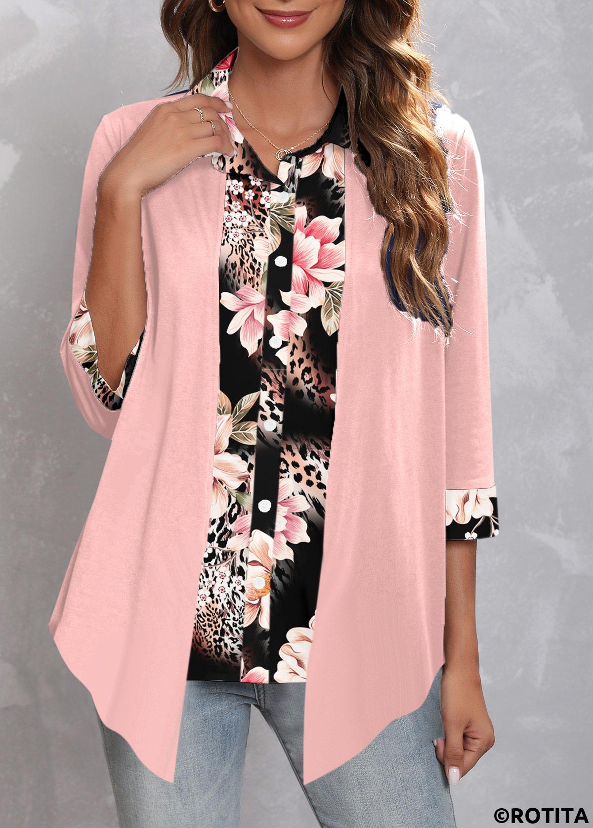 Light Pink tops,Floral tops,Leopard tops,ROTITA Fake 2in1 Floral Print Light Pink Blouse