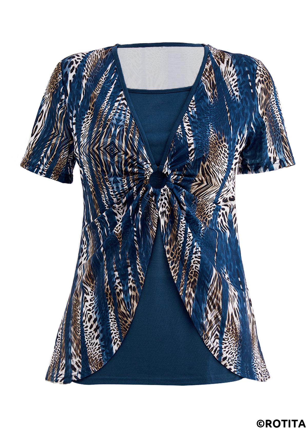 Peacock Blue tops,Leopard tops,Striped tops,ROTITA Fake 2in1 Leopard Peacock Blue T Shirt