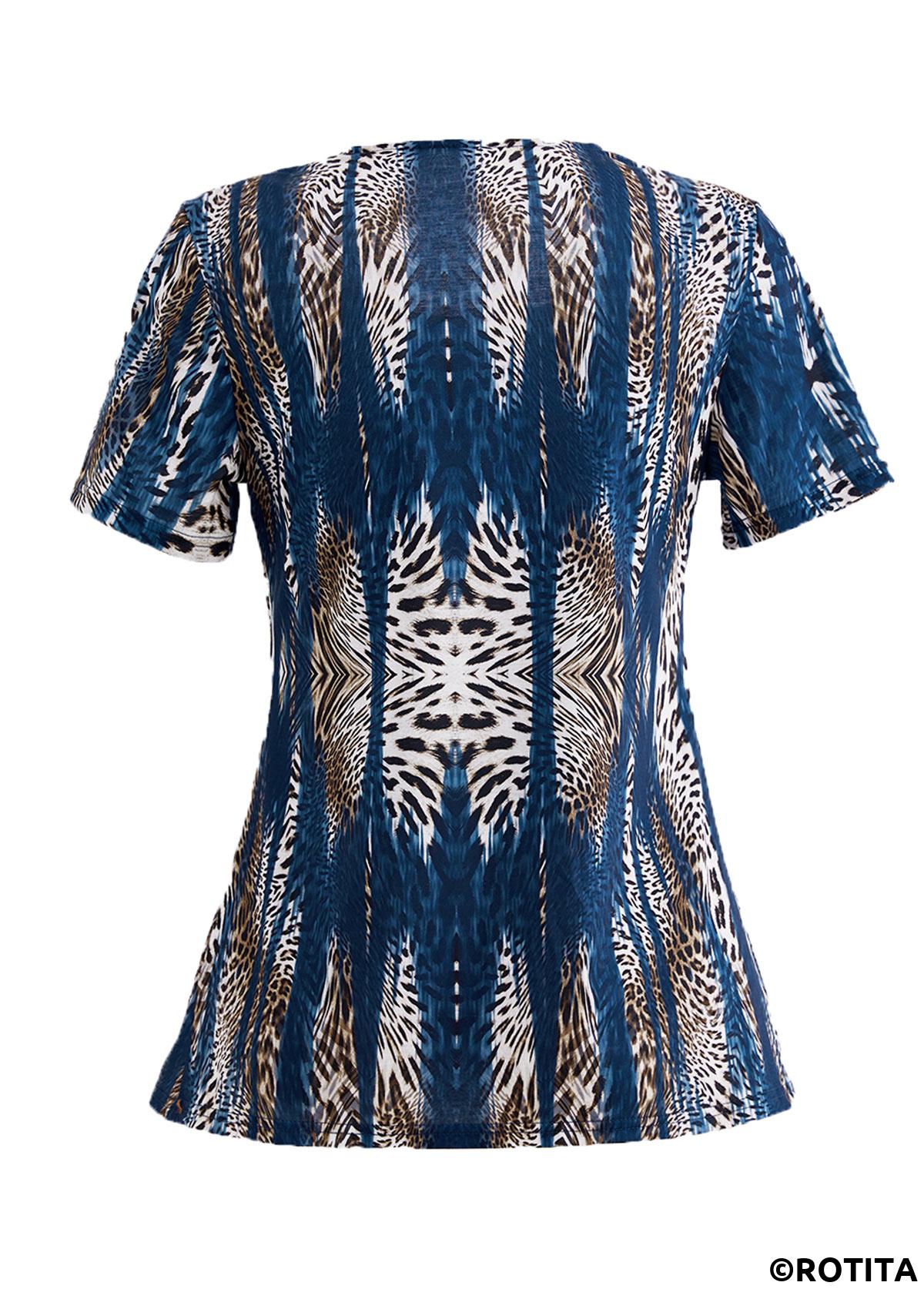 Peacock Blue tops,Leopard tops,Striped tops,ROTITA Fake 2in1 Leopard Peacock Blue T Shirt