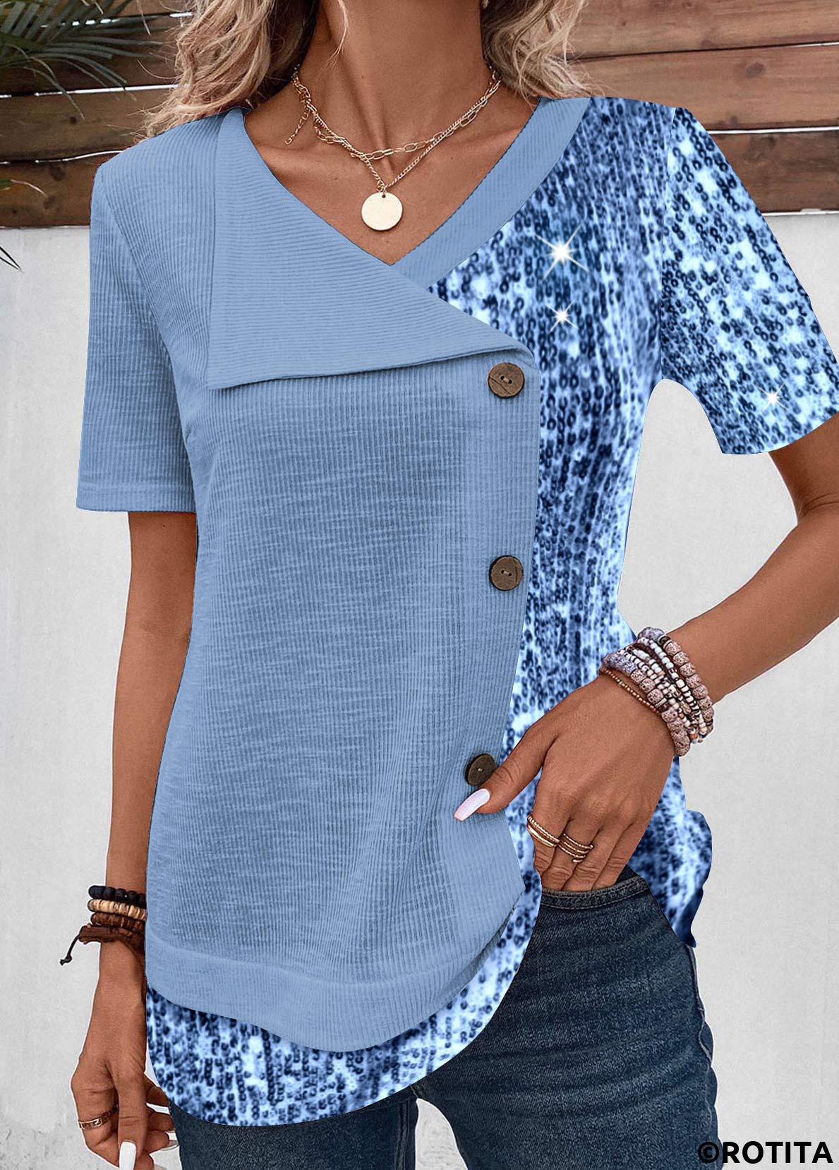 Dusty Blue tops,Contrast Color tops,ROTITA Sequin Dusty Blue Asymmetrical Neck Blouse