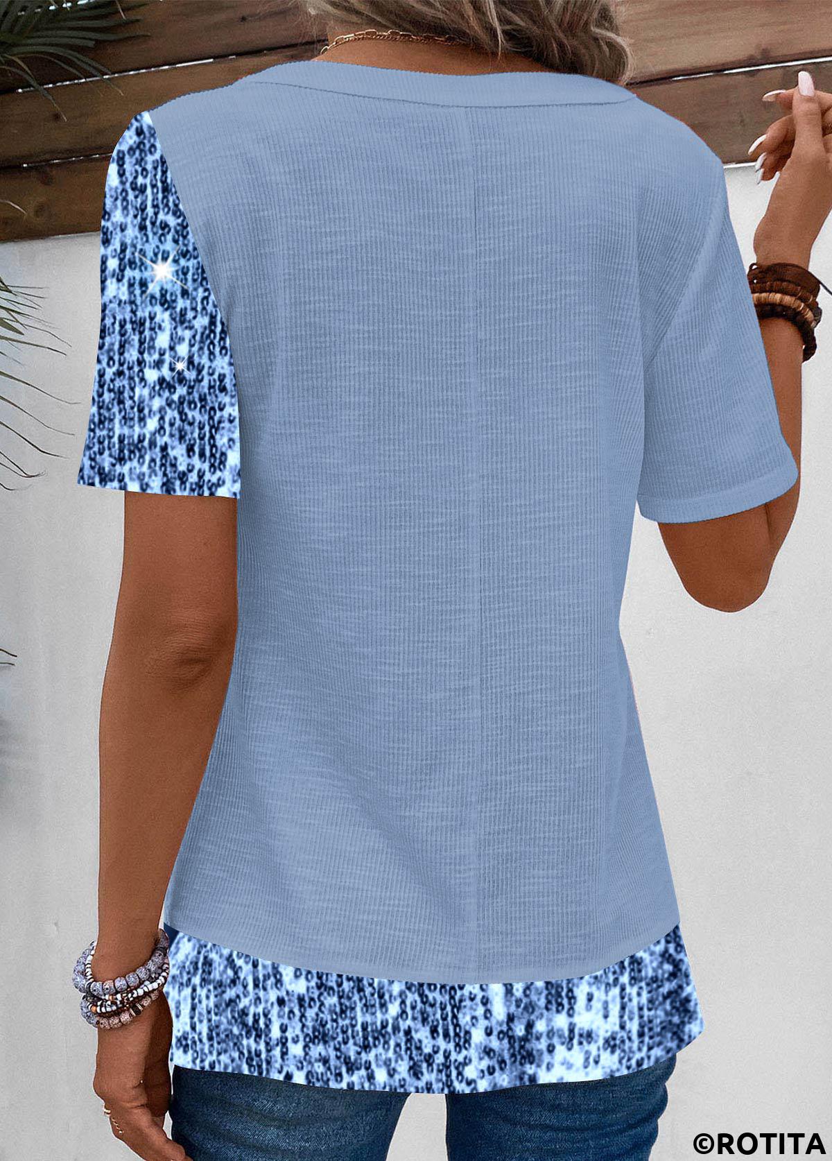 Dusty Blue tops,Contrast Color tops,ROTITA Sequin Dusty Blue Asymmetrical Neck Blouse