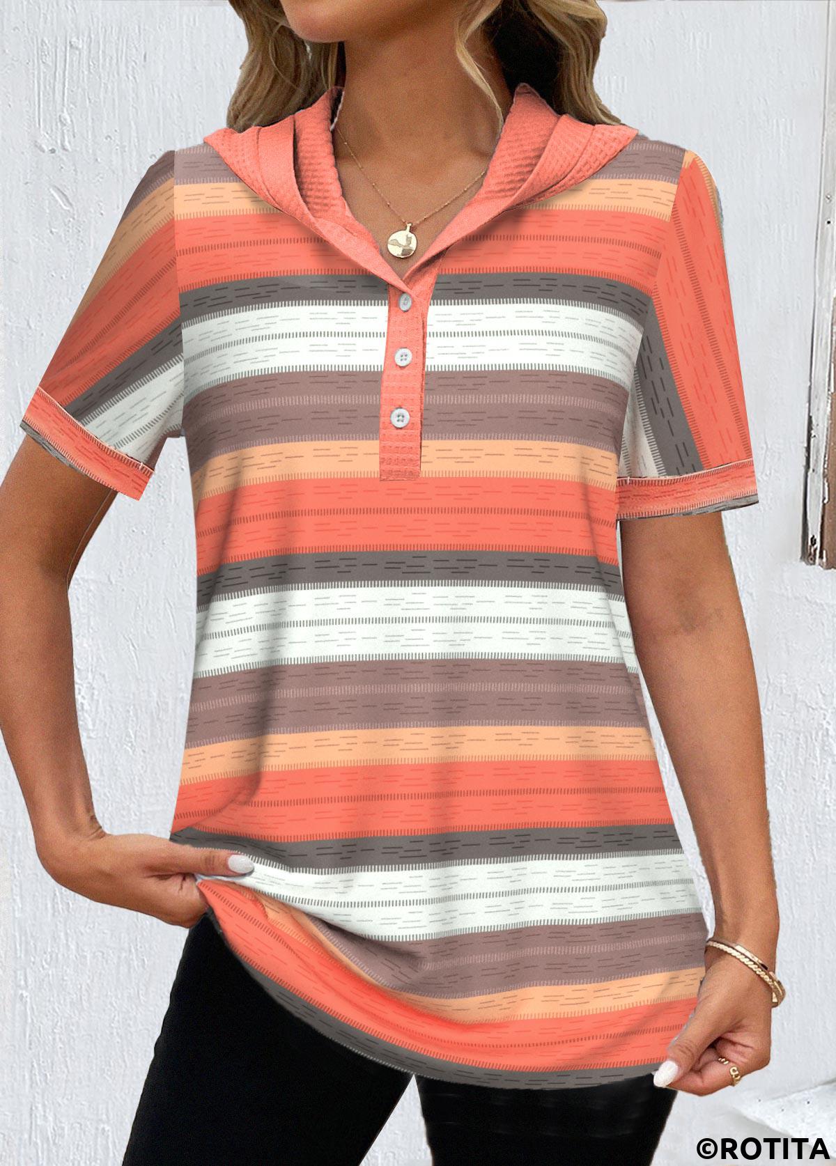 Orange tops,Striped tops,Geometric tops,ROTITA Button Striped Orange Hooded Short Sleeve T Shirt