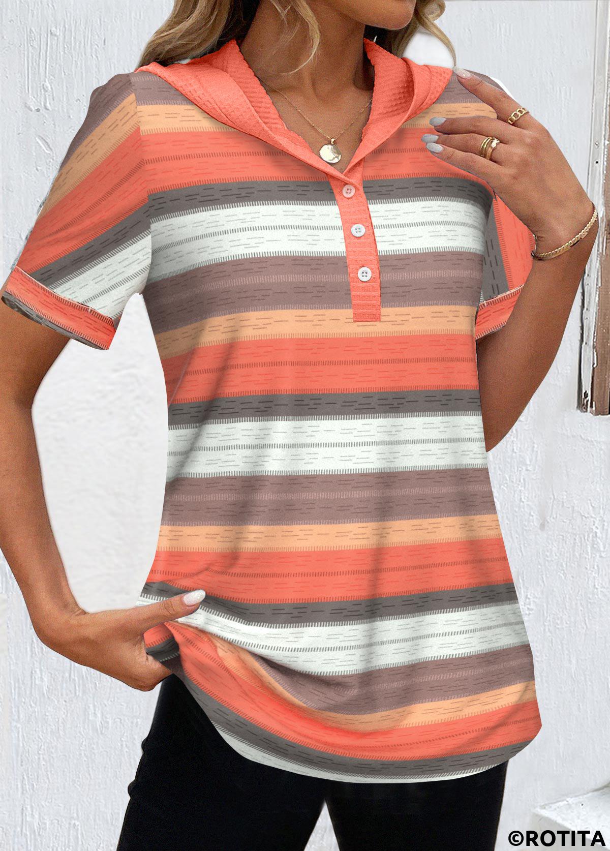 Orange tops,Striped tops,Geometric tops,ROTITA Button Striped Orange Hooded Short Sleeve T Shirt