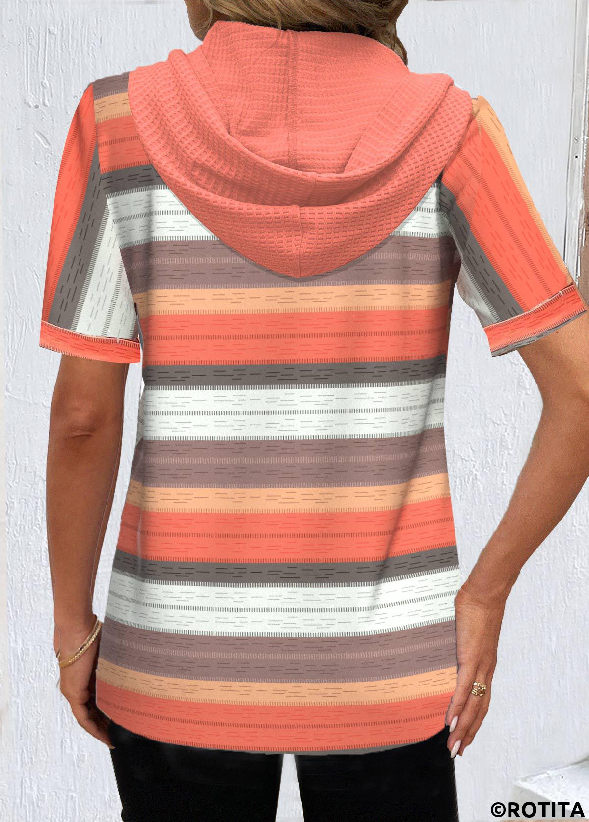 Orange tops,Striped tops,Geometric tops,ROTITA Button Striped Orange Hooded Short Sleeve T Shirt