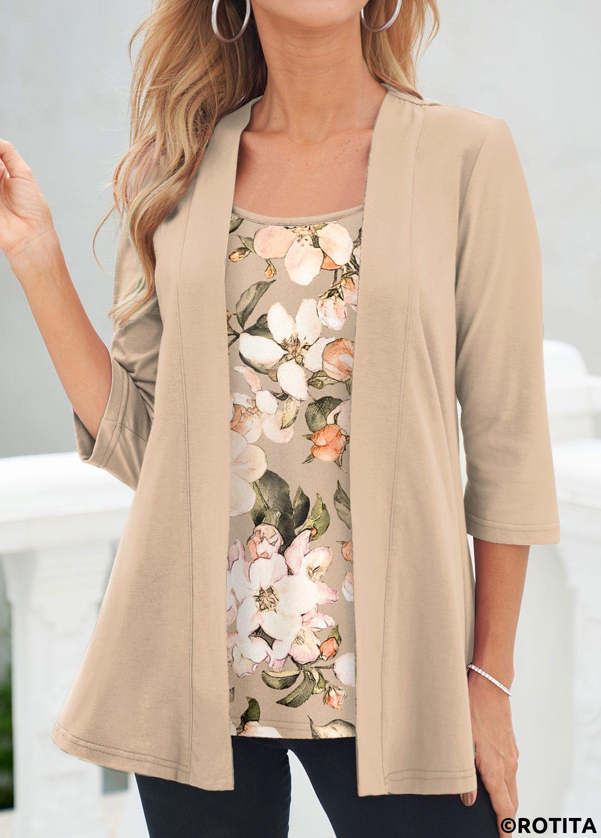 Light Coffee tops,Floral tops,ROTITA Floral Print Light Coffee Fake Two Piece Twinset