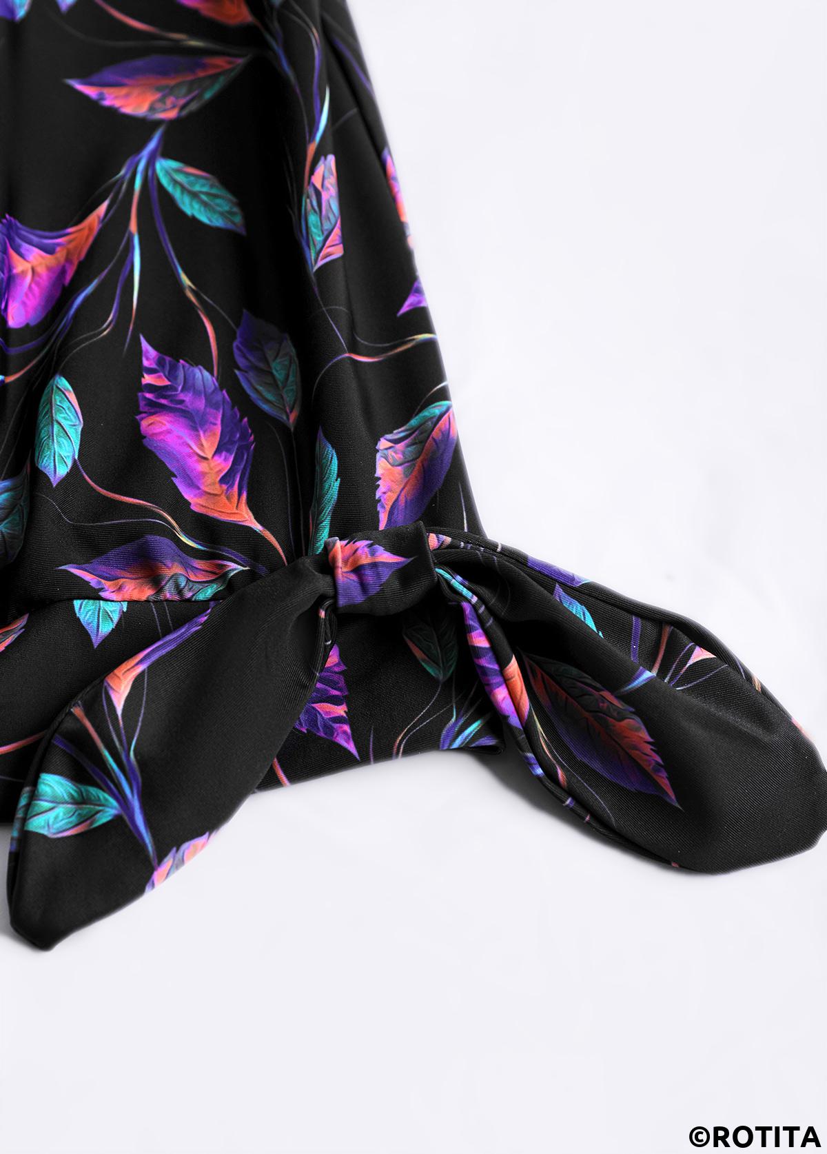 Black swimwear,Rainbow Color swimwear,Plants swimwear,ROTITA Asymmetry Black Leaf Print High Waisted Tankini Set