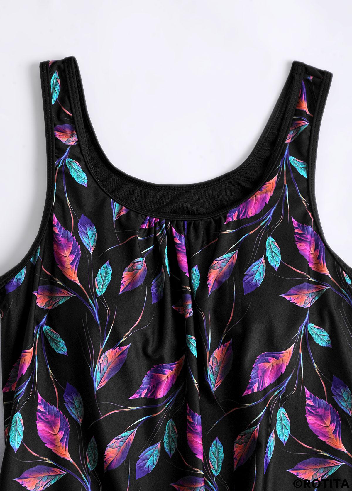 Black swimwear,Rainbow Color swimwear,Plants swimwear,ROTITA Asymmetry Black Leaf Print High Waisted Tankini Set