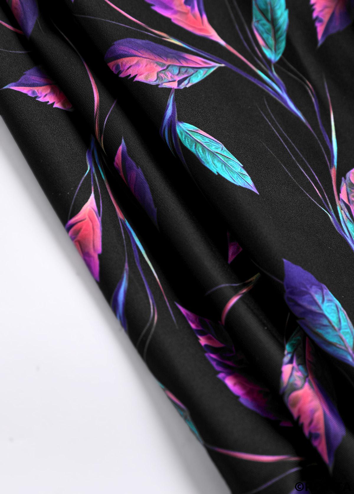 Black swimwear,Rainbow Color swimwear,Plants swimwear,ROTITA Asymmetry Black Leaf Print High Waisted Tankini Set