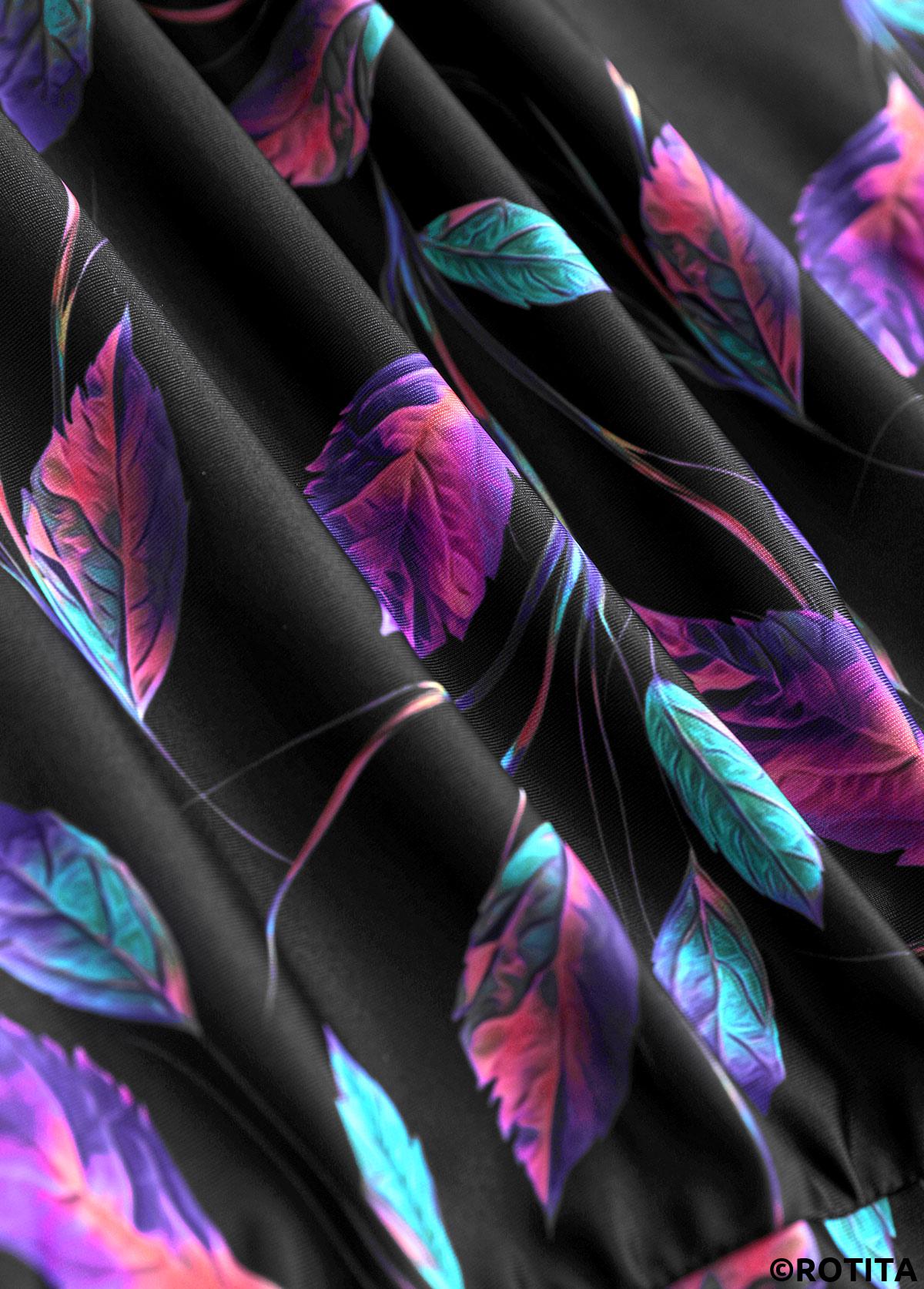 Black swimwear,Rainbow Color swimwear,Plants swimwear,ROTITA Asymmetry Black Leaf Print High Waisted Tankini Set