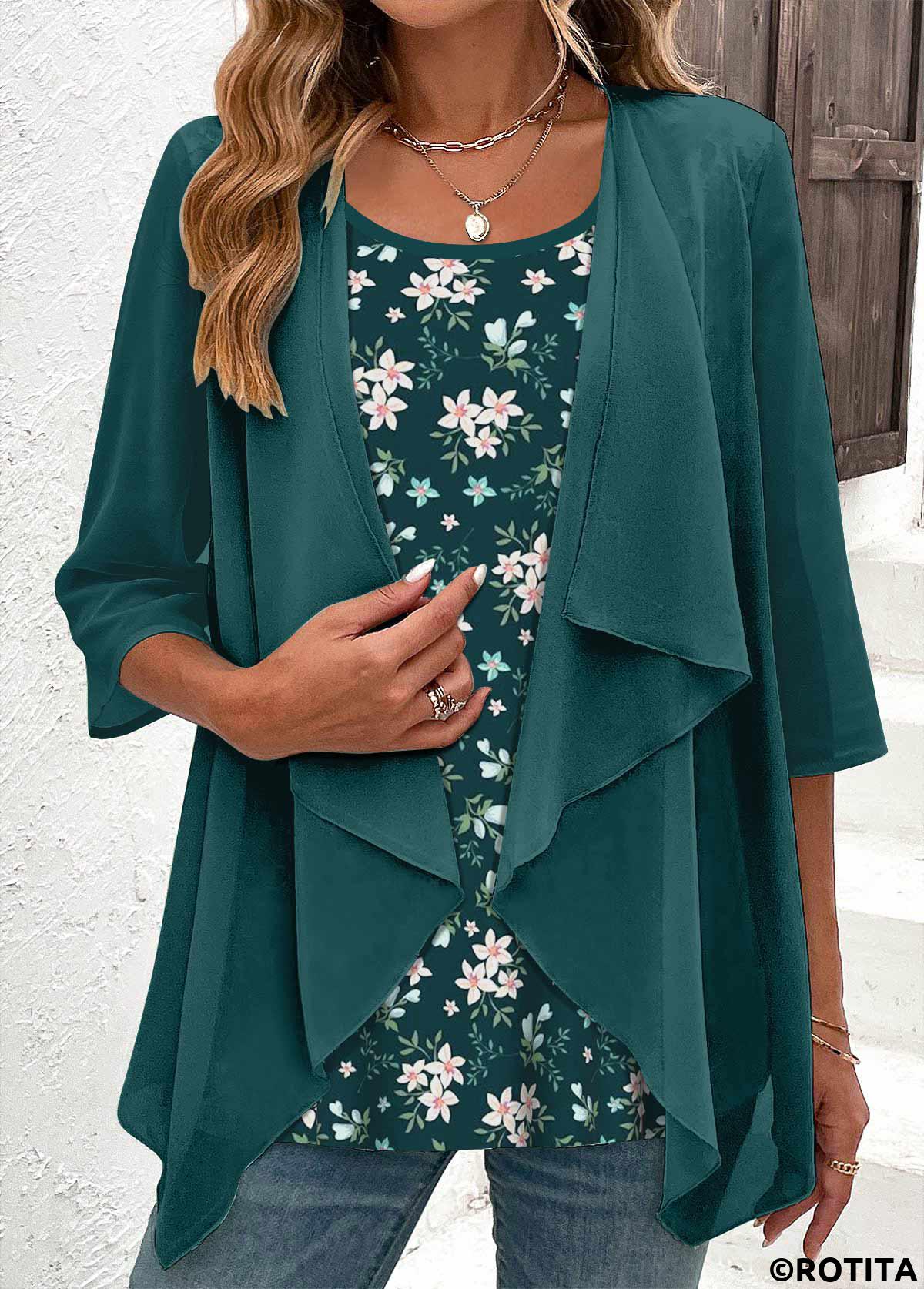 Blackish Green tops,Floral tops,ROTITA Fake 2in1 Floral Print Blackish Green Blouse