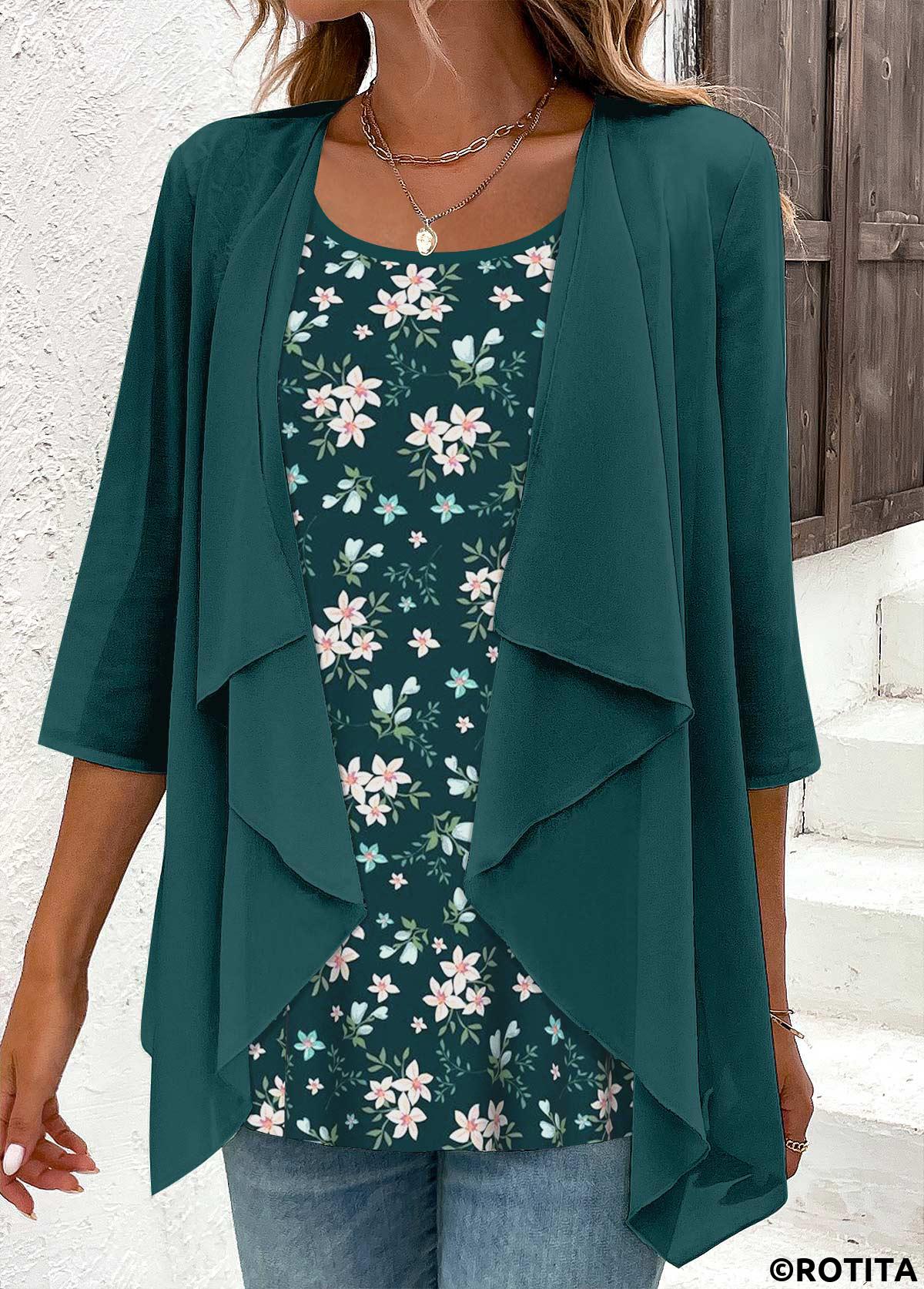 Blackish Green tops,Floral tops,ROTITA Fake 2in1 Floral Print Blackish Green Blouse
