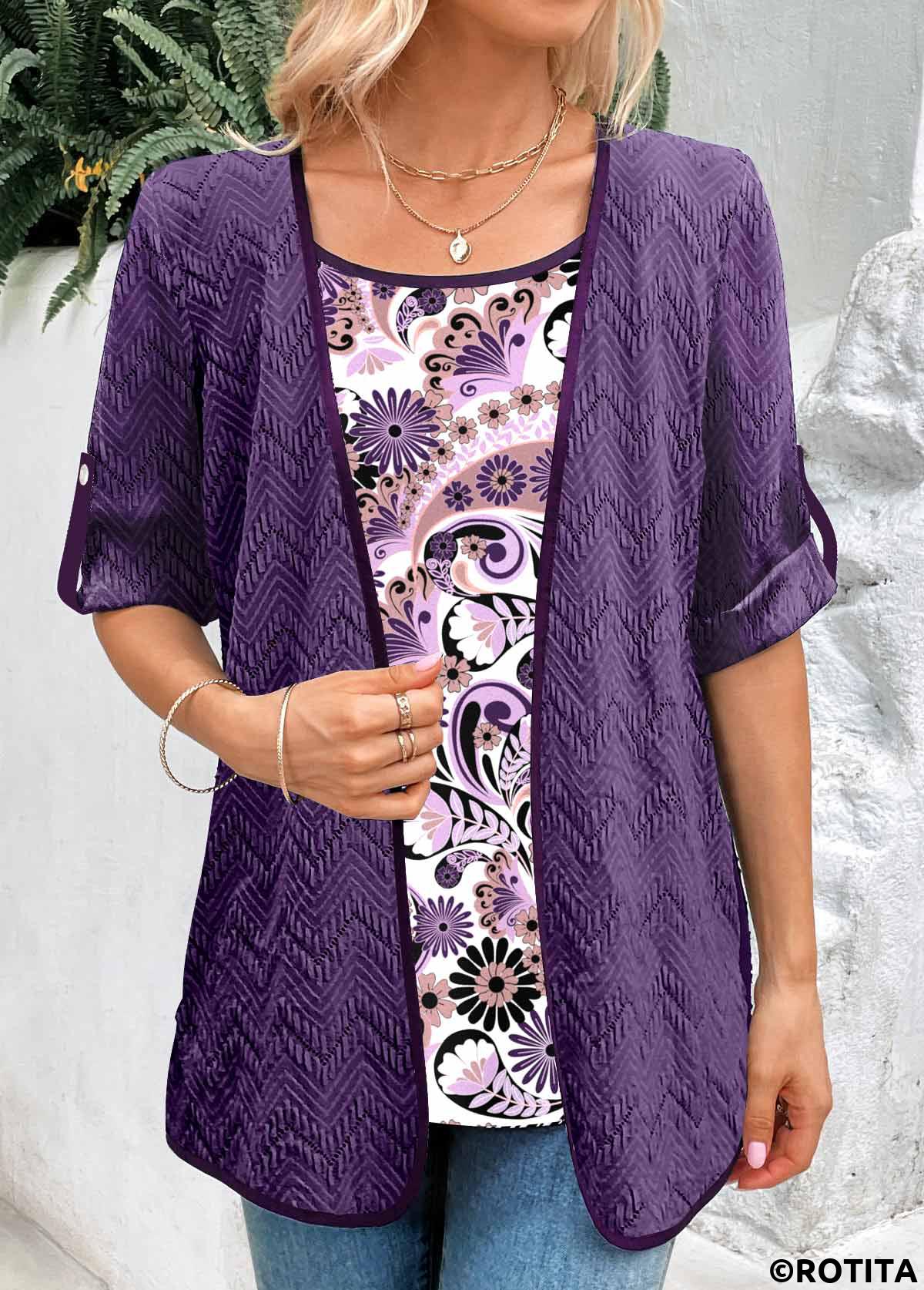 Dark Purple tops,Paisley tops,Floral tops,ROTITA Fake 2in1 Paisley Print Dark Purple Blouse