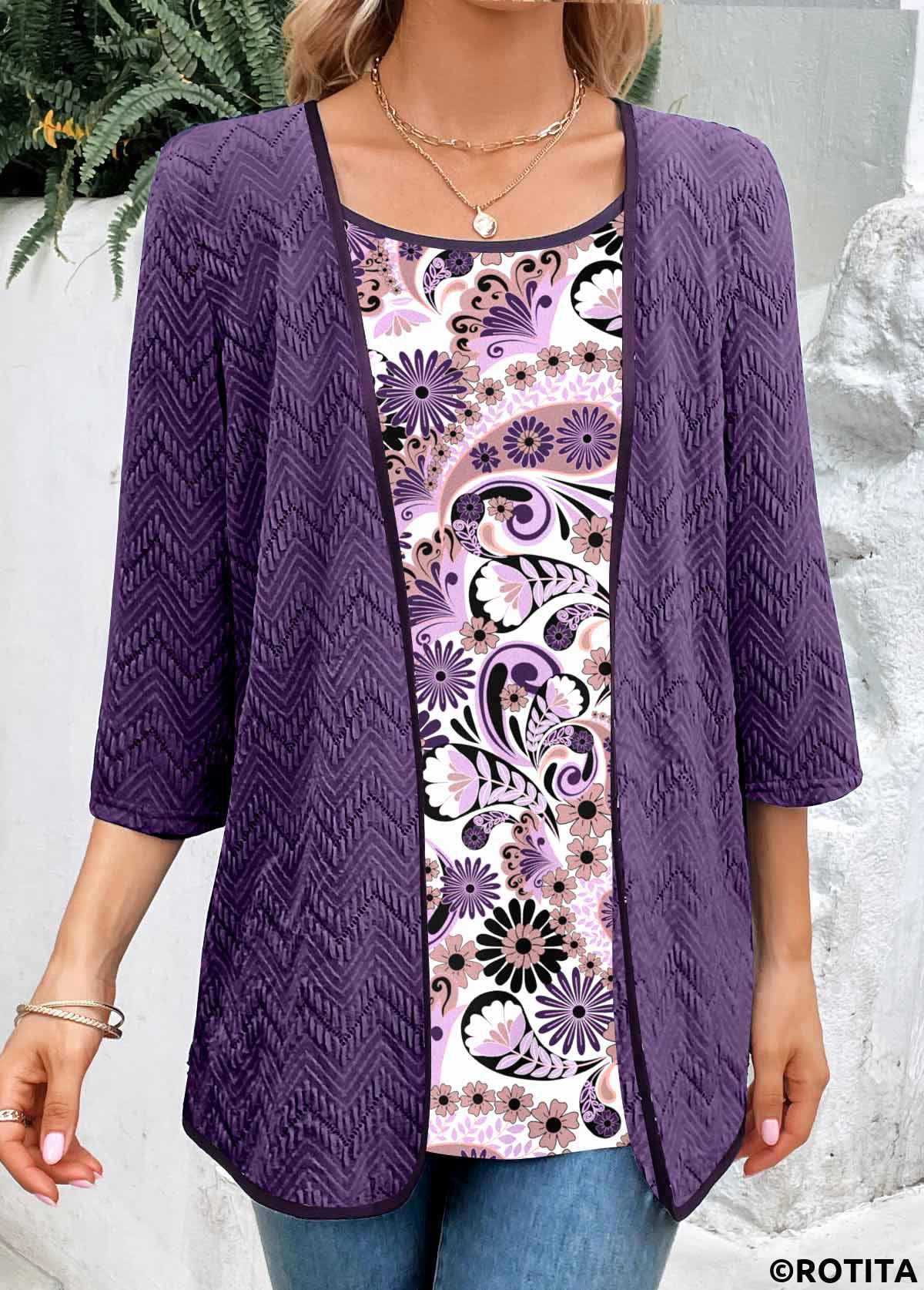 Dark Purple tops,Paisley tops,Floral tops,ROTITA Fake 2in1 Paisley Print Dark Purple Blouse