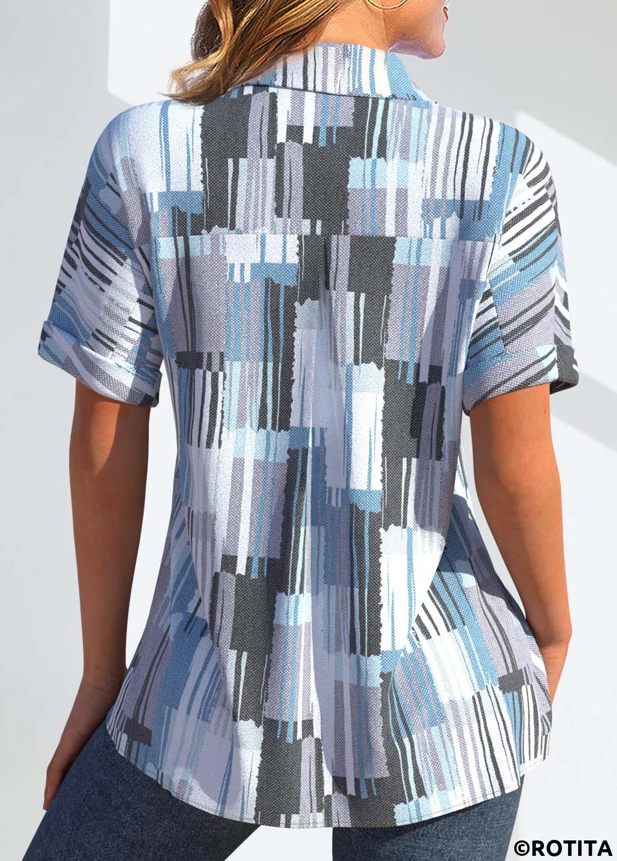 Light Blue tops,Geometric tops,Striped tops,ROTITA Pocket Geometric Print Light Blue Shirt Collar Blouse