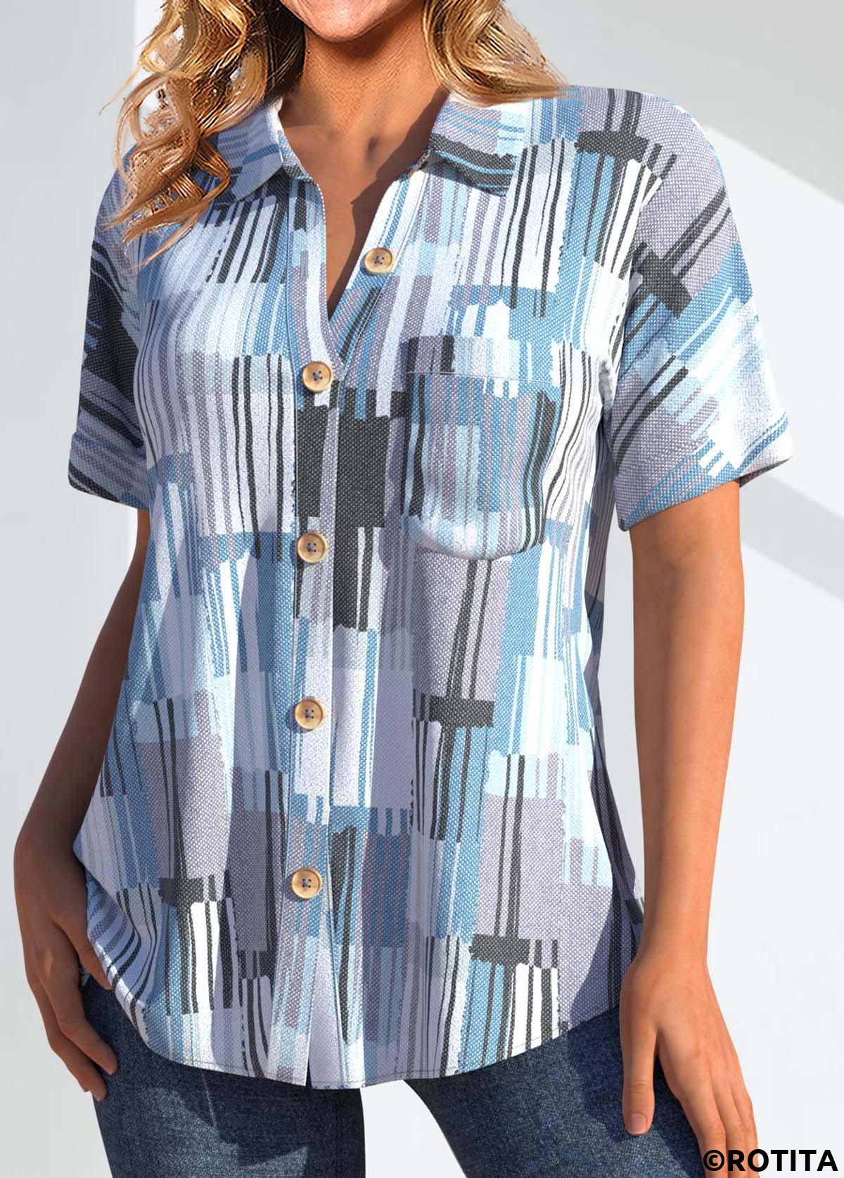 Light Blue tops,Geometric tops,Striped tops,ROTITA Pocket Geometric Print Light Blue Shirt Collar Blouse
