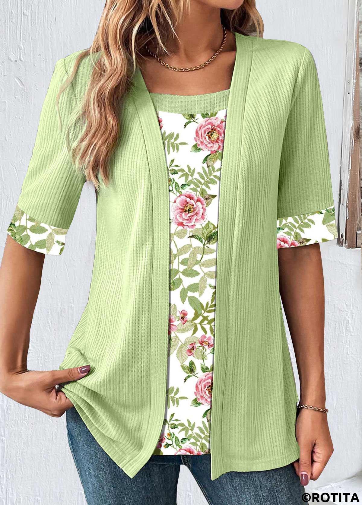 rotita patchwork imprimé floral vert avocat faux twinset deux pièces