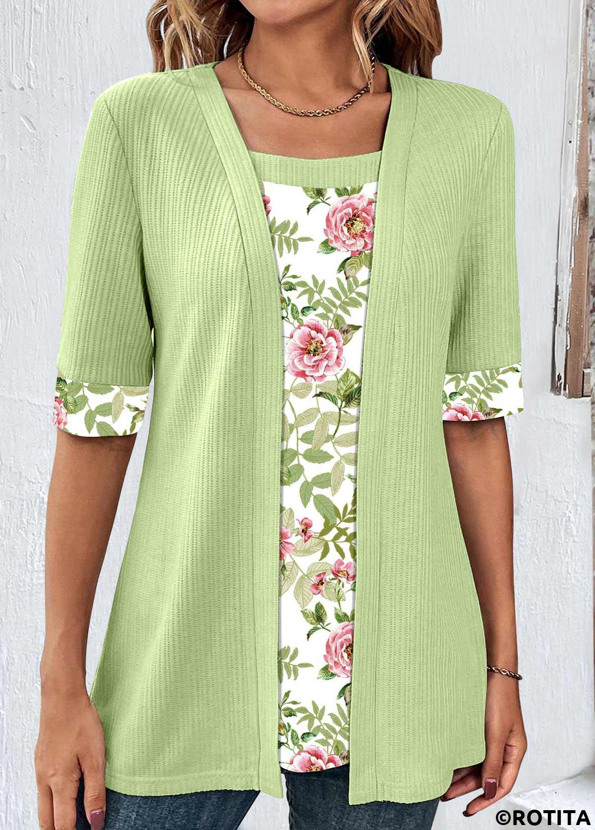 rotita patchwork imprimé floral vert avocat faux twinset deux pièces