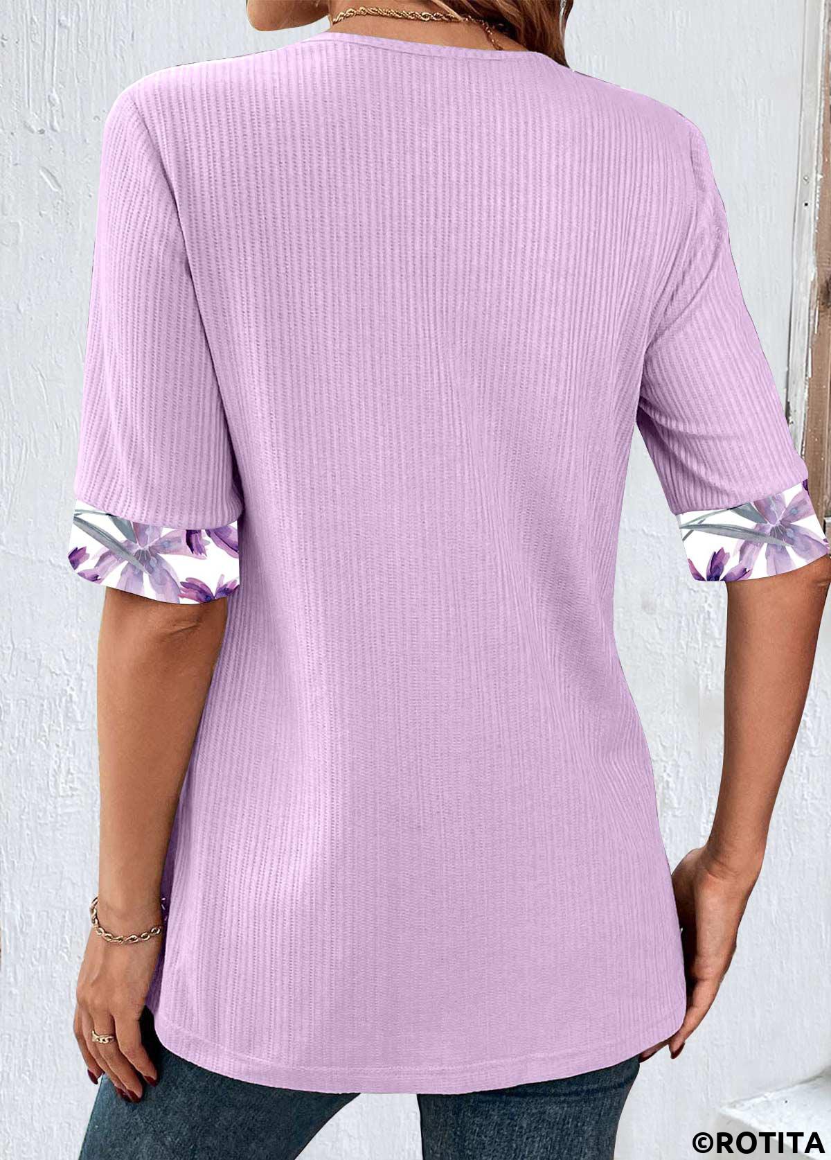 Light Purple tops,Floral tops,Plants tops,ROTITA Plus Size Light Purple Fake Two Piece Twinset