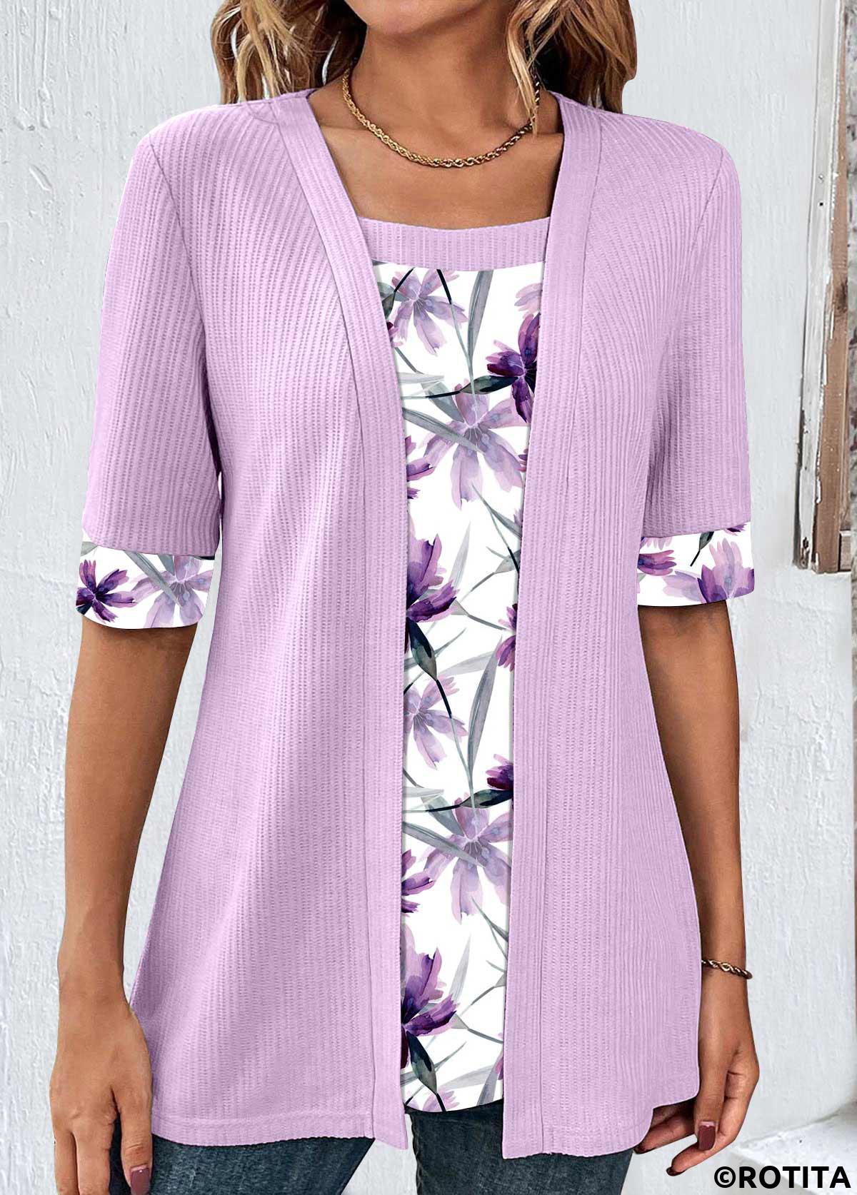 Light Purple tops,Floral tops,Plants tops,ROTITA Plus Size Light Purple Fake Two Piece Twinset