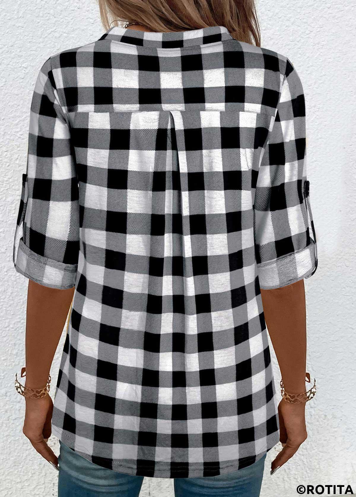 ROTITA Button Plaid Black Split Neck Blouse