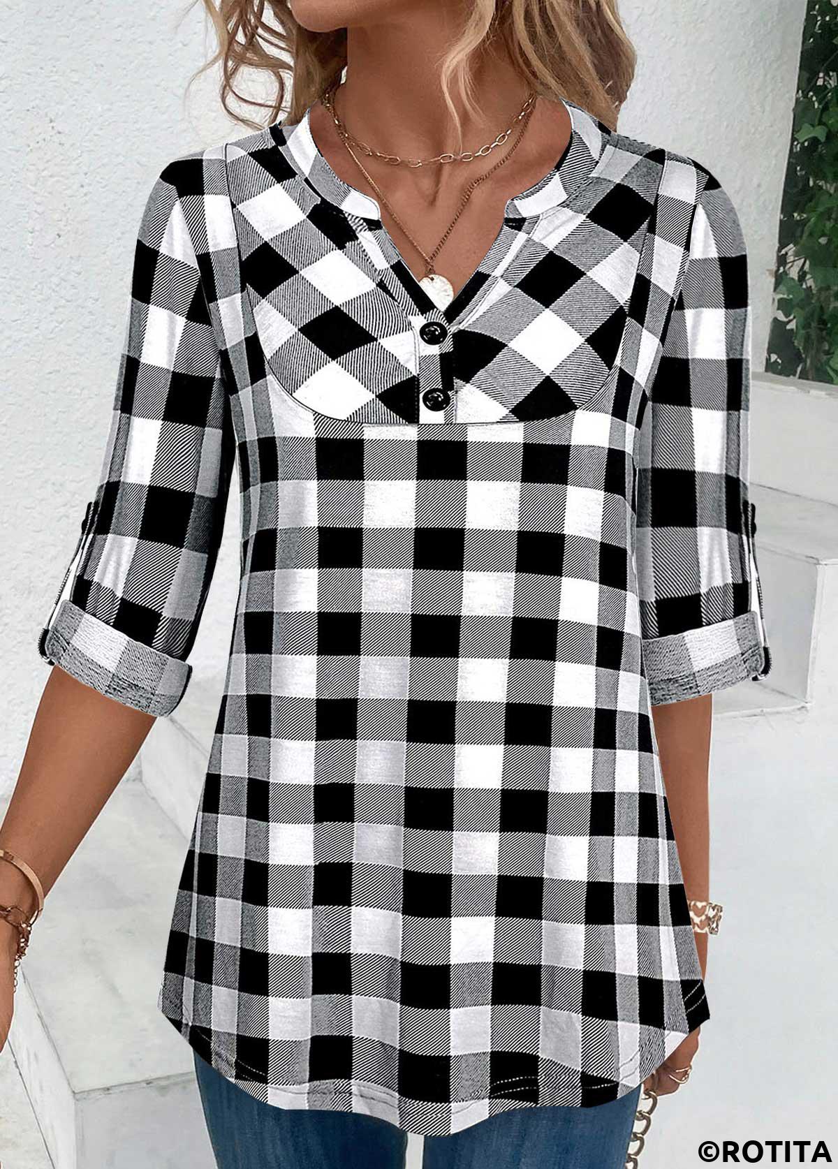 ROTITA Button Plaid Black Split Neck Blouse