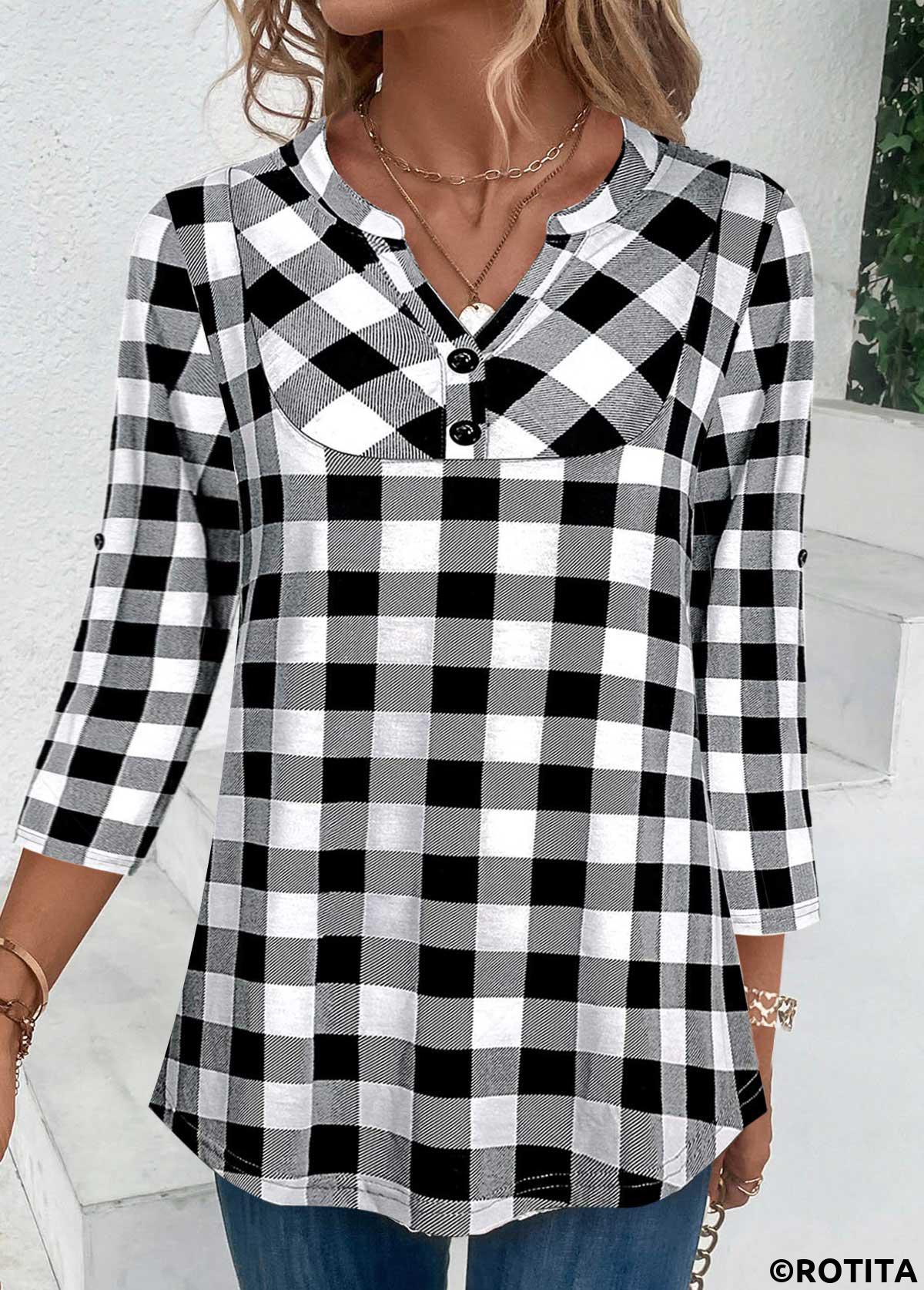 ROTITA Button Plaid Black Split Neck Blouse