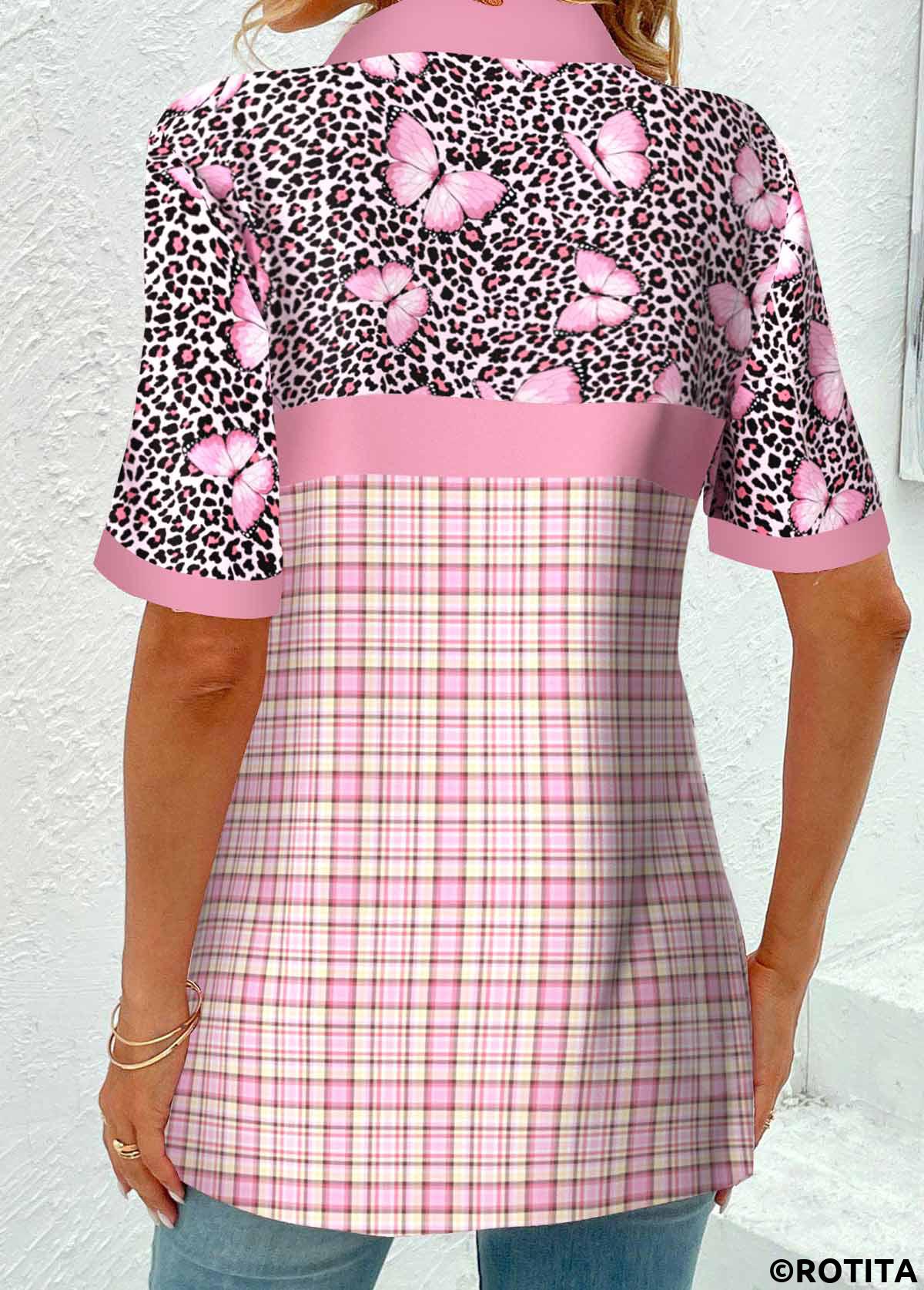 Light Pink tops,Plaid tops,Geometric tops,Striped tops,ROTITA Patchwork Plaid Light Pink Shirt Collar Blouse