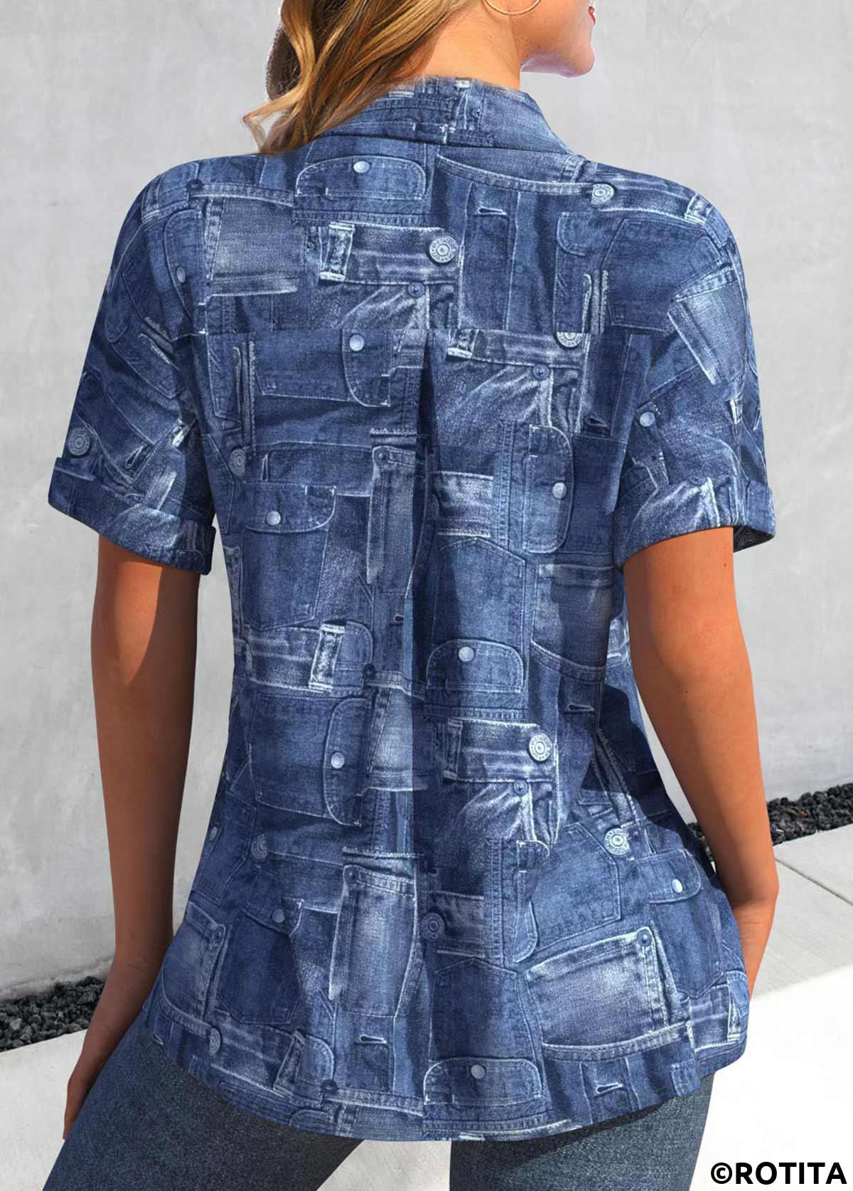 ROTITA Pocket Denim Blue Shirt Collar Short Sleeve Blouse
