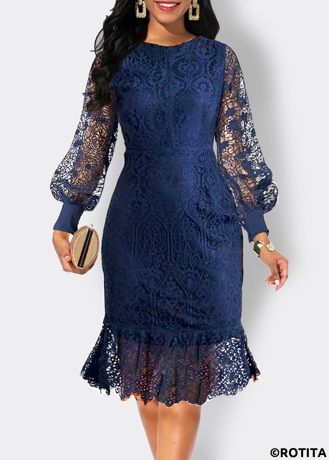 Navy dresses,Plain Color dresses,Party dresses,Elegant dresses,ROTITA Lace Navy Scoop Neck Long Sleeve Bodycon Dress