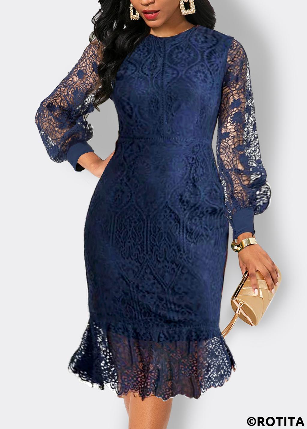 Navy dresses,Plain Color dresses,Party dresses,Elegant dresses,ROTITA Lace Navy Scoop Neck Long Sleeve Bodycon Dress