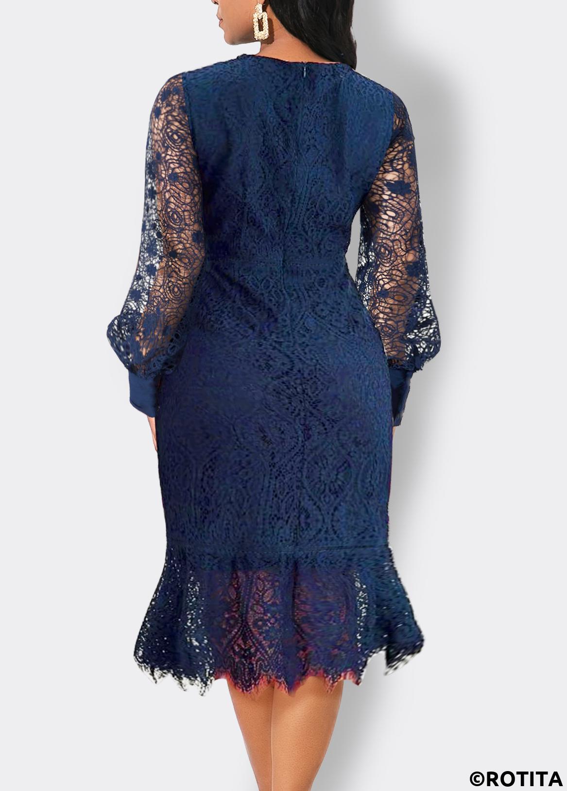 Navy dresses,Plain Color dresses,Party dresses,Elegant dresses,ROTITA Lace Navy Scoop Neck Long Sleeve Bodycon Dress