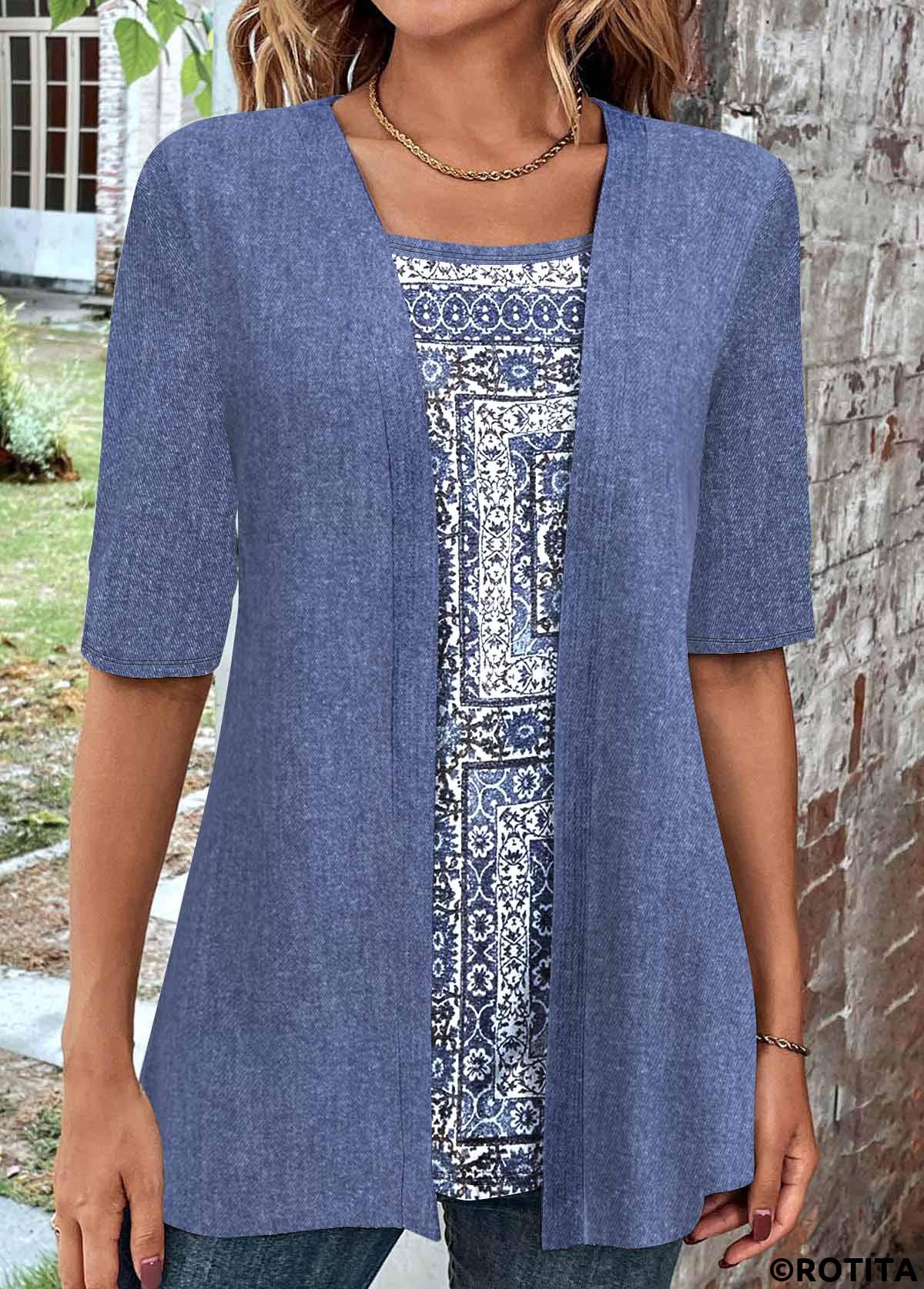 Dusty Blue tops,Tribal tops,ROTITA Fake 2in1 Tribal Print Dusty Blue T Shirt