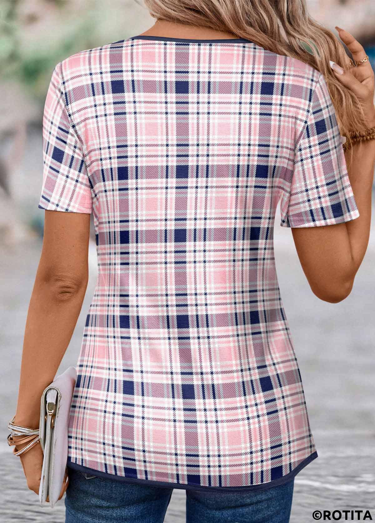 Multi Color tops,Plaid tops,ROTITA Fake 2in1 Plaid Multi Color T Shirt