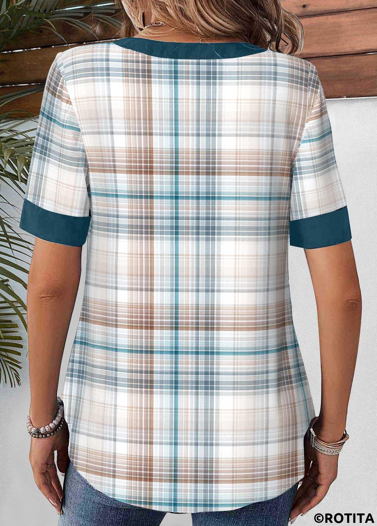 Multi Color tops,Plaid tops,Ombre tops,ROTITA Lace Up Plaid Multi Color Split Neck Blouse