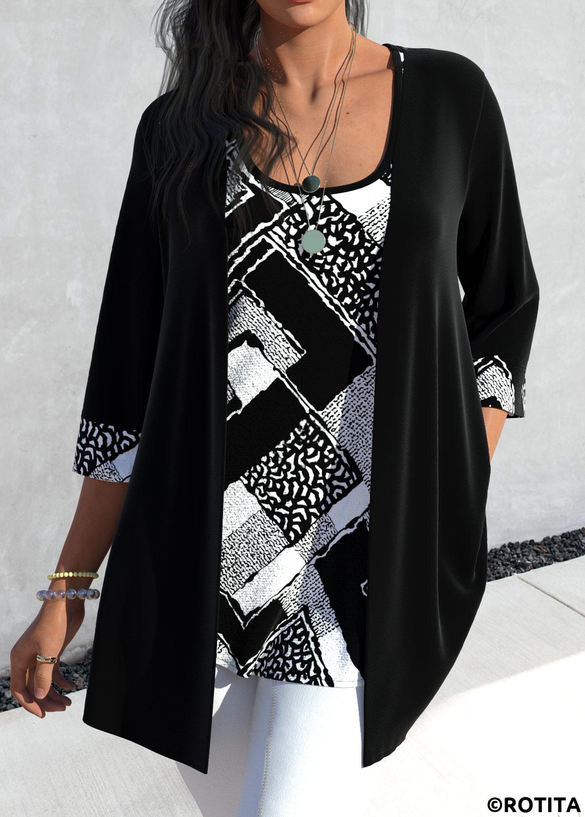 Black tops,White tops,Geometric tops,Striped tops,Plaid tops,ROTITA Two Piece Geometric Print Black Cardigan  and Tank Top