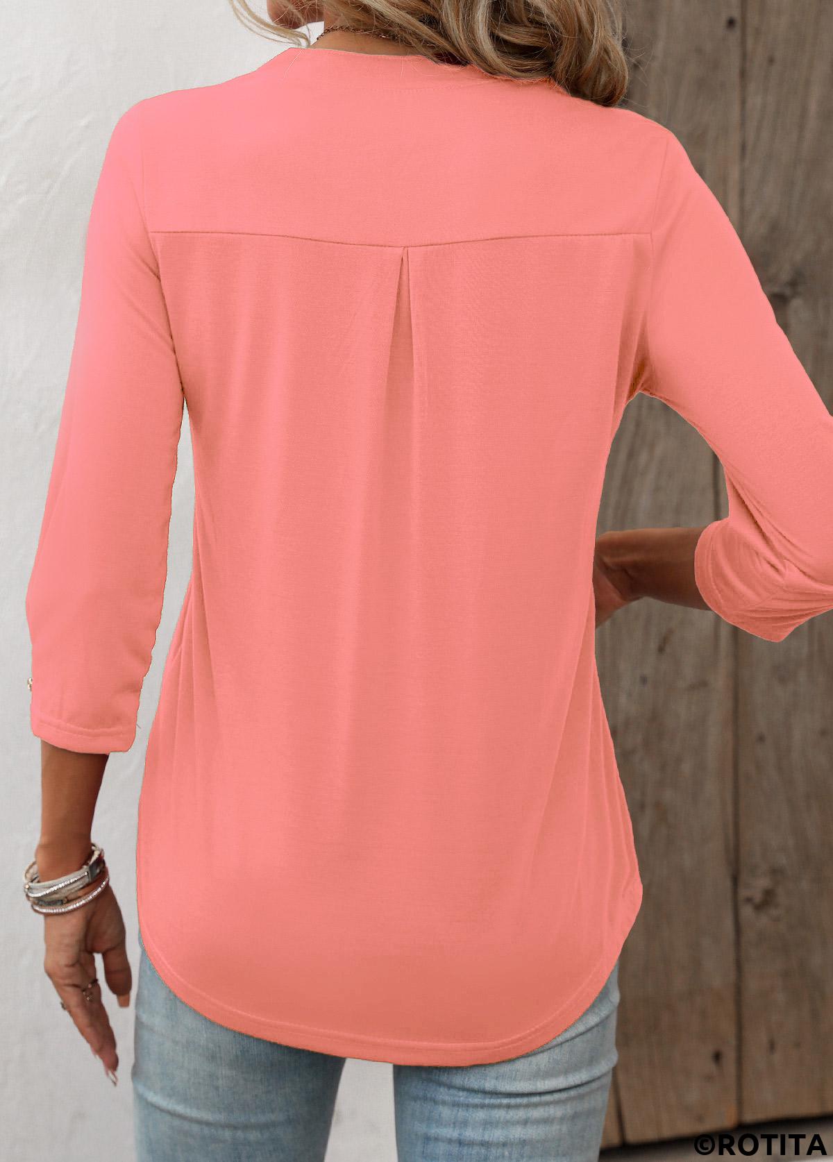 Rotita Kreisring rosa T-Shirt mit geschlitztem Halsausschnitt